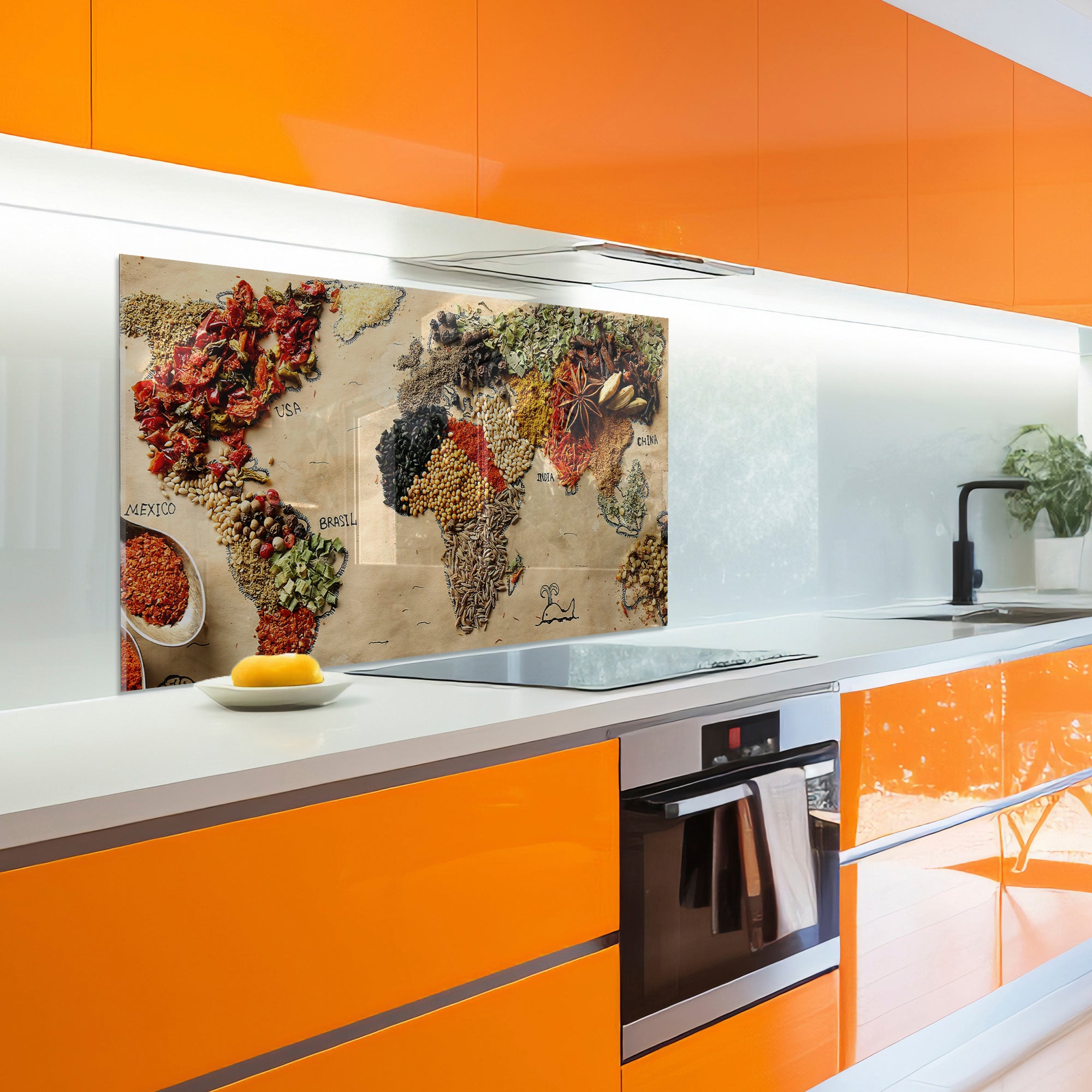 World Map Spices Tempered Glass Backsplash – Culinary Travel Kitchen Panel
