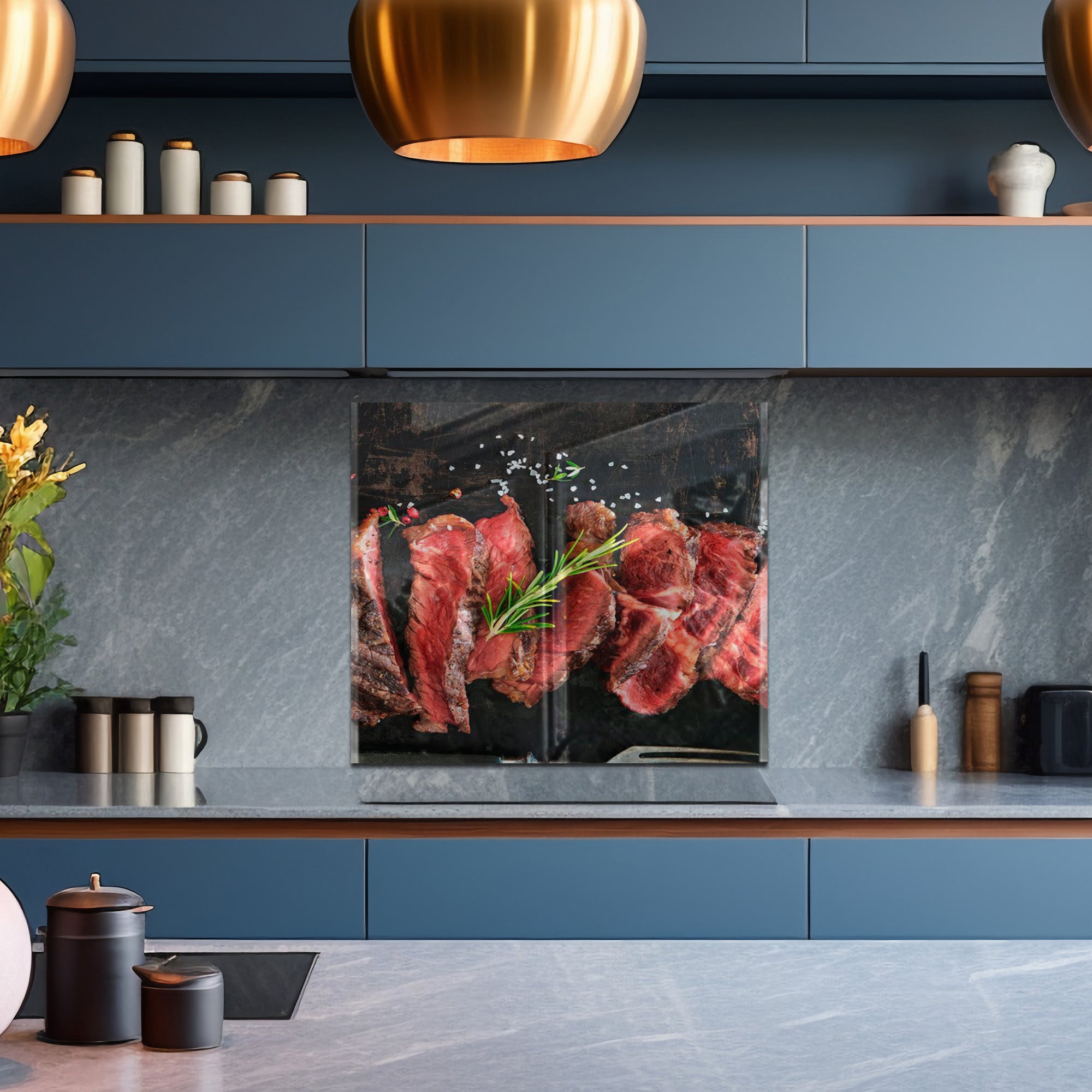 Juicy Steak Tempered Glass Backsplash – Meat Lover’s Kitchen Wall Panel