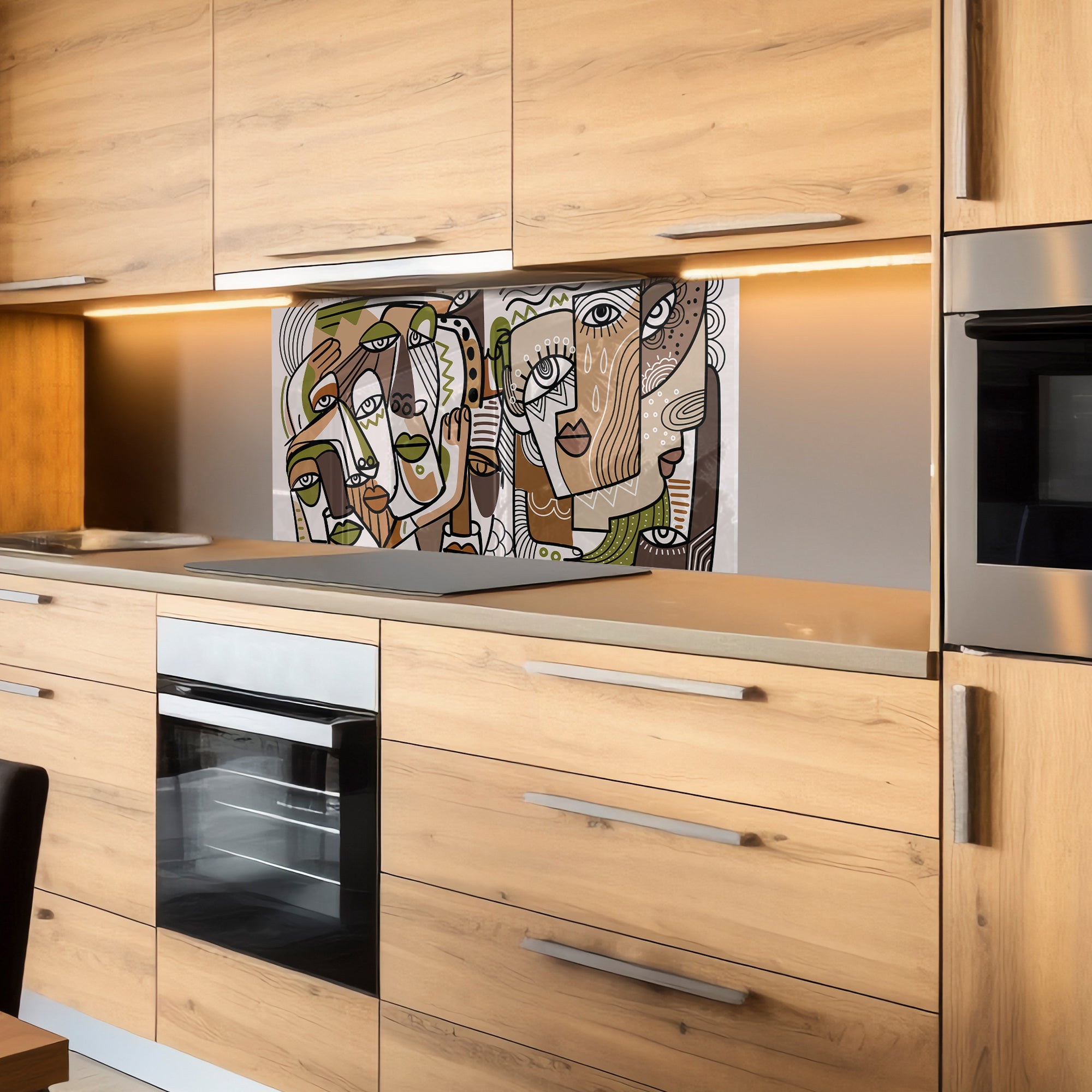 Cubist Faces Tempered Glass Backsplash – Abstract Modern Art Kitchen Panel