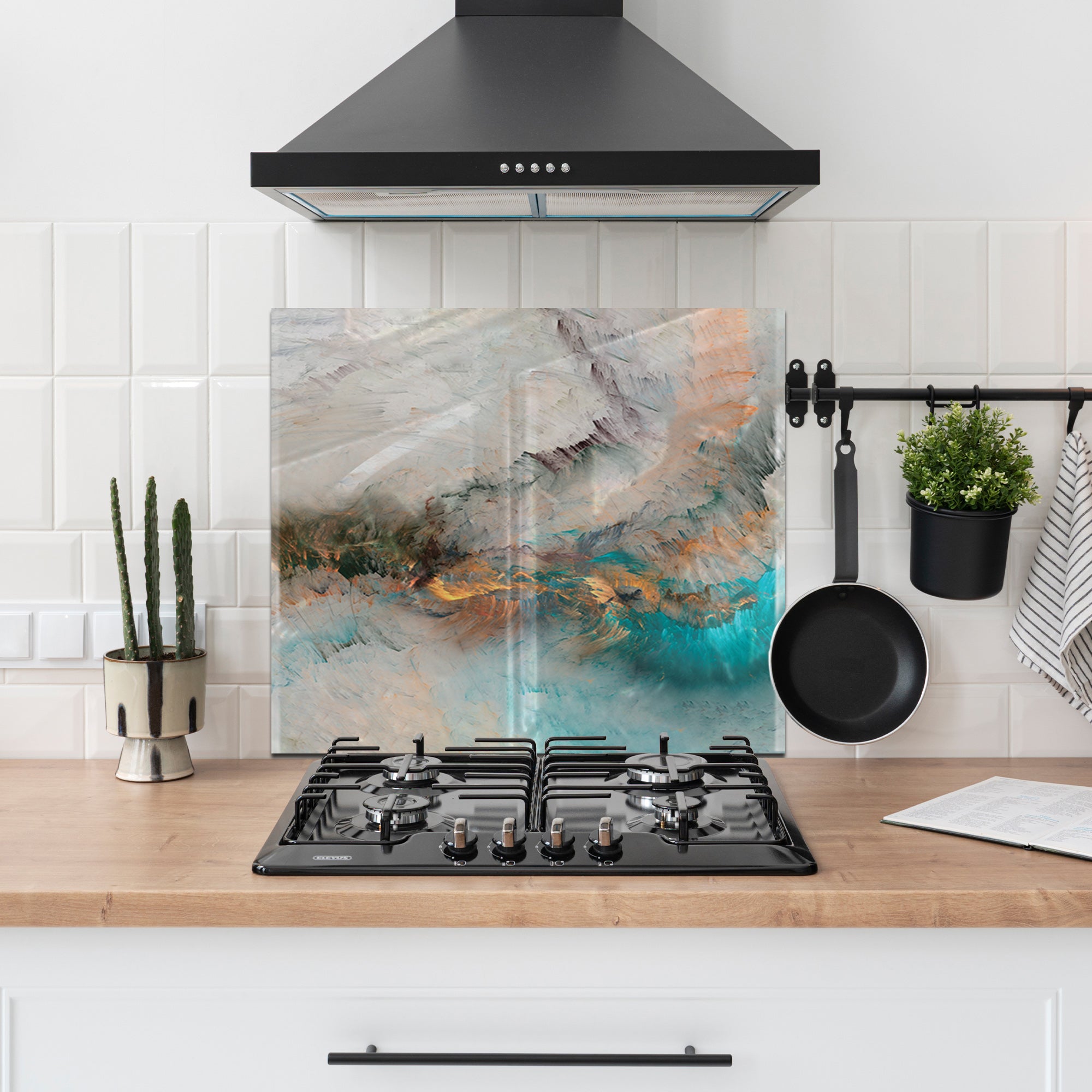 Abstract Ocean Mist Tempered Glass Backsplash – Turquoise & Copper Art Panel