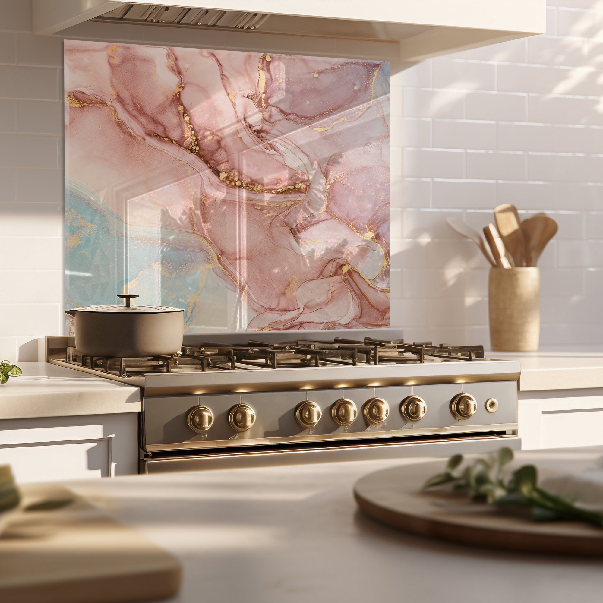 Pink Ink Marble Glass Backsplash – Elegant Abstract Kitchen Panel