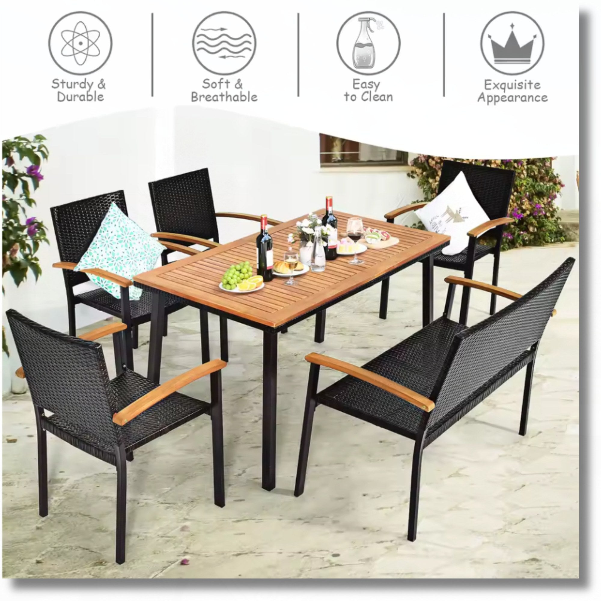 6PCS Patio Dining Set by Add2Home – Acacia Wood Table & Rattan Seating