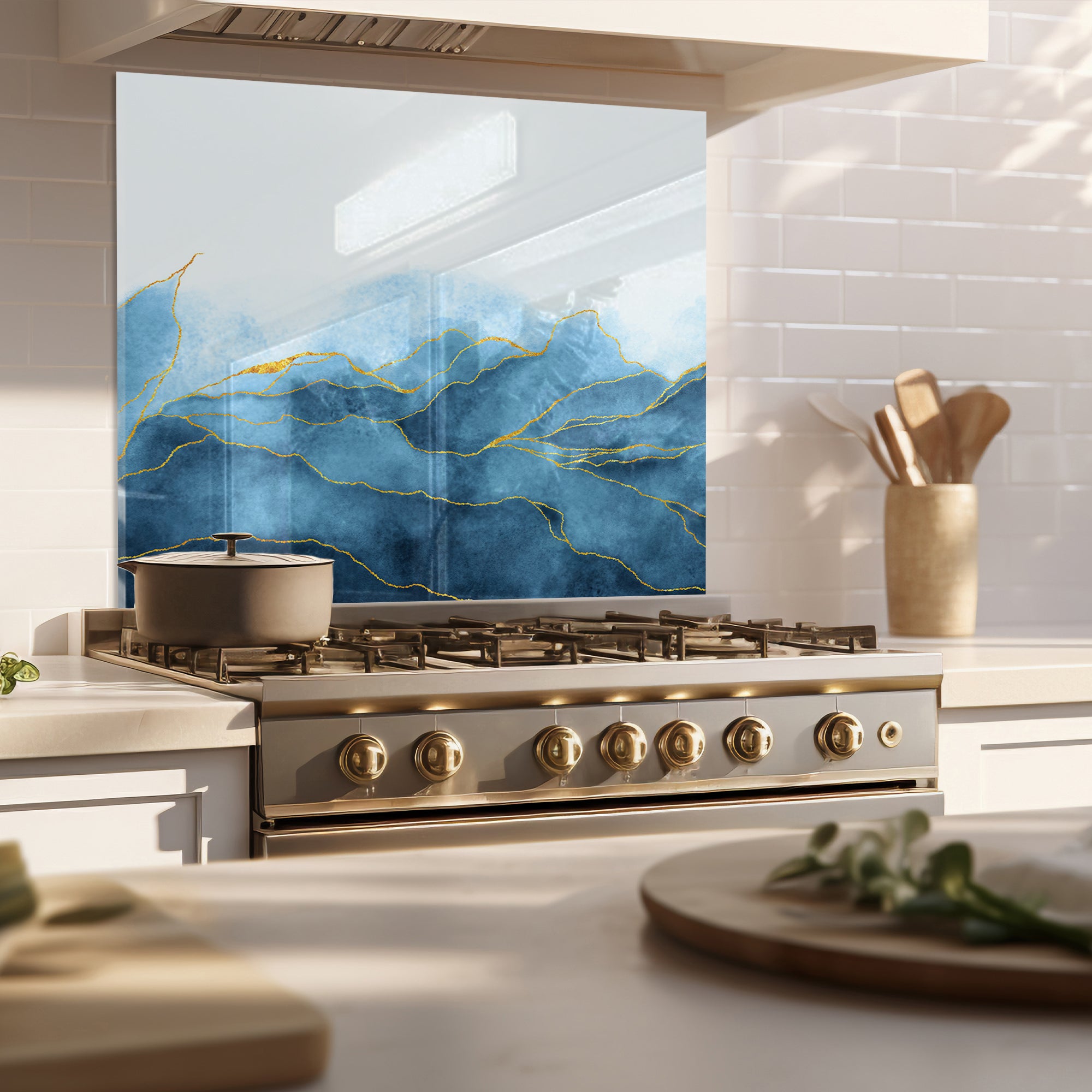 Blue Mountains Glass Backsplash – Gold Line Abstract Kitchen Panel
