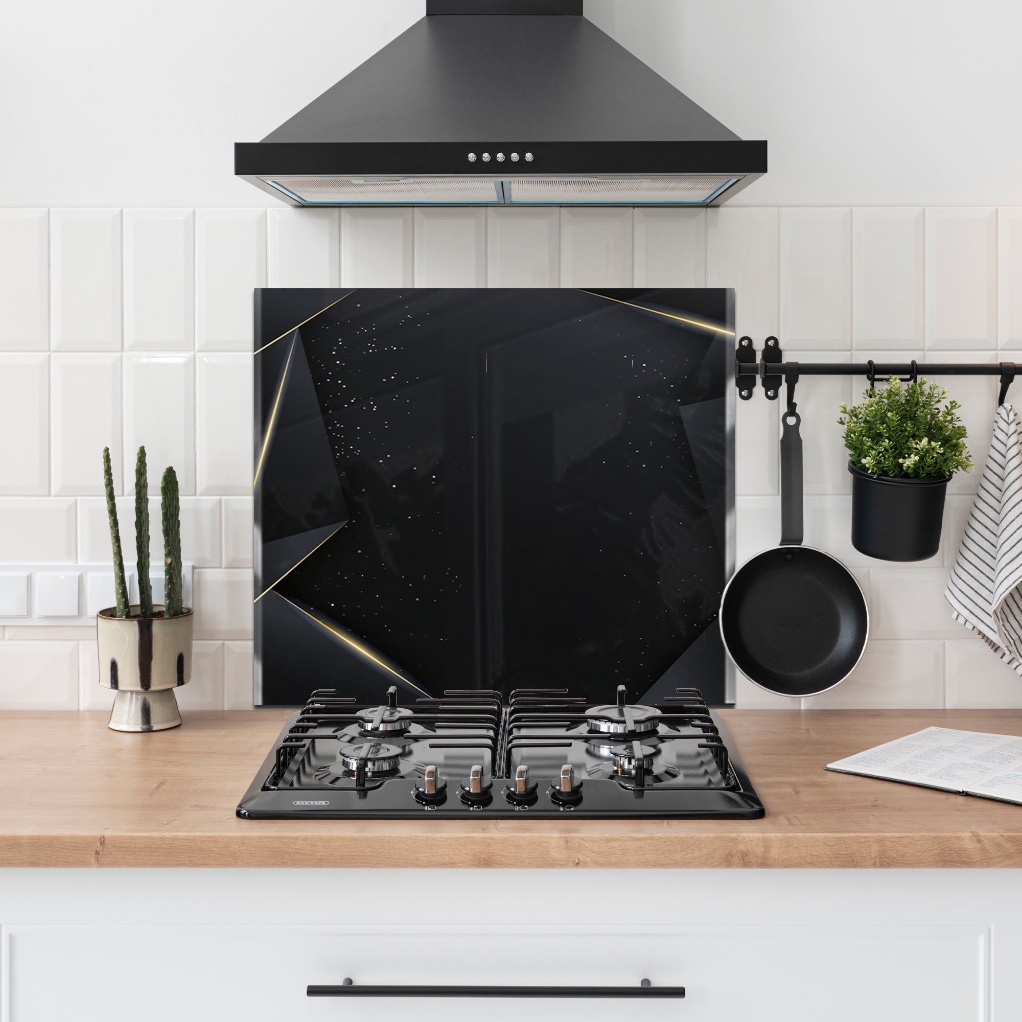 Black & Gold Geometric Tempered Glass Backsplash – Luxury Kitchen Panel