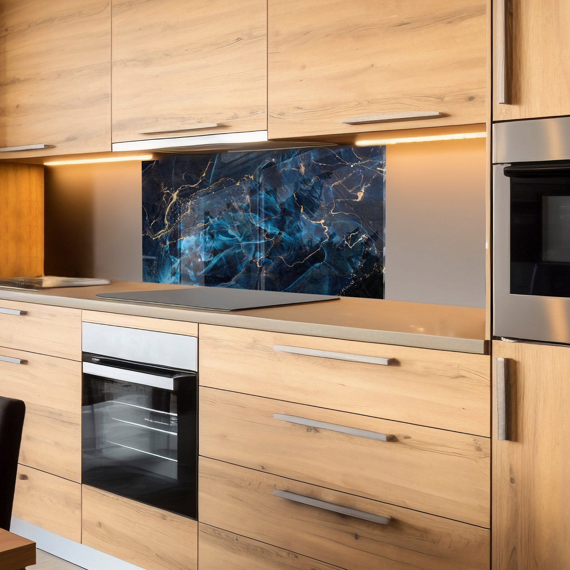 Blue Marble Tempered Glass Backsplash – Luxury Gold Vein Kitchen Panel