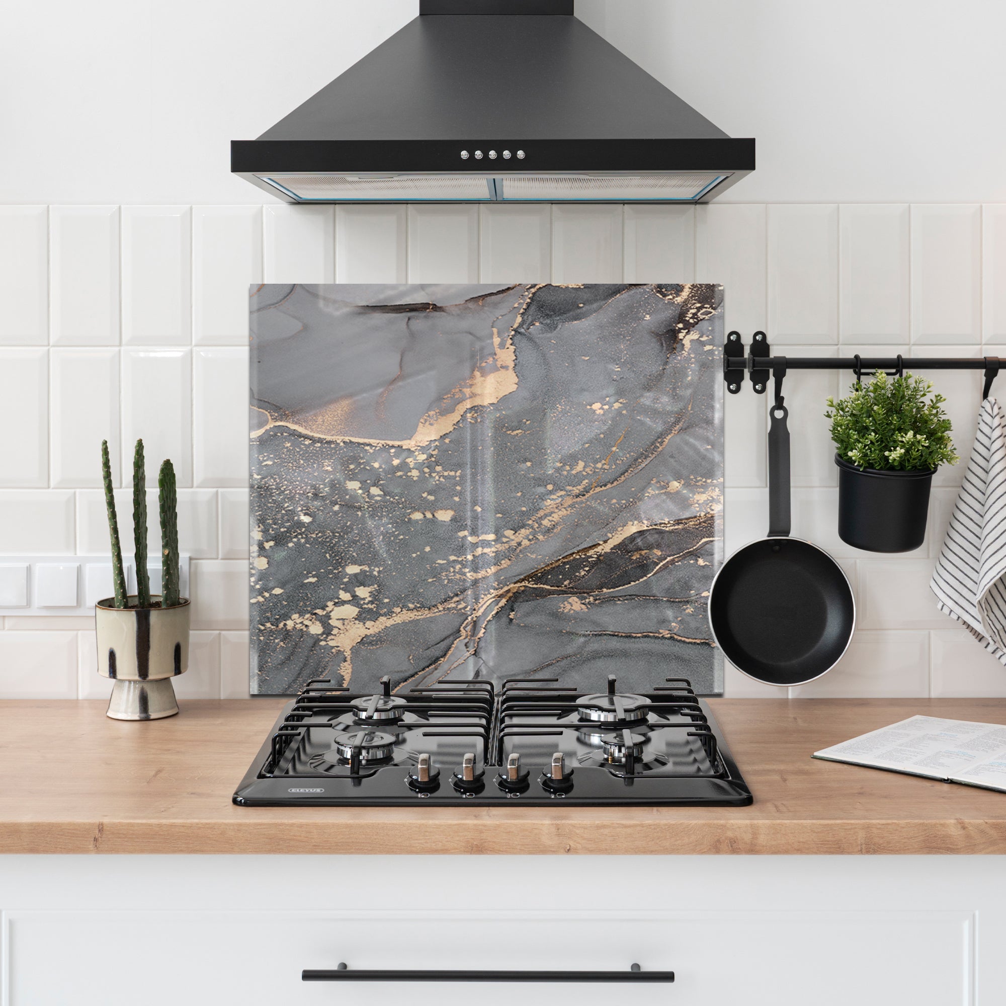 Grey Marble Tempered Glass Backsplash – Gold Vein Luxury Kitchen Panel