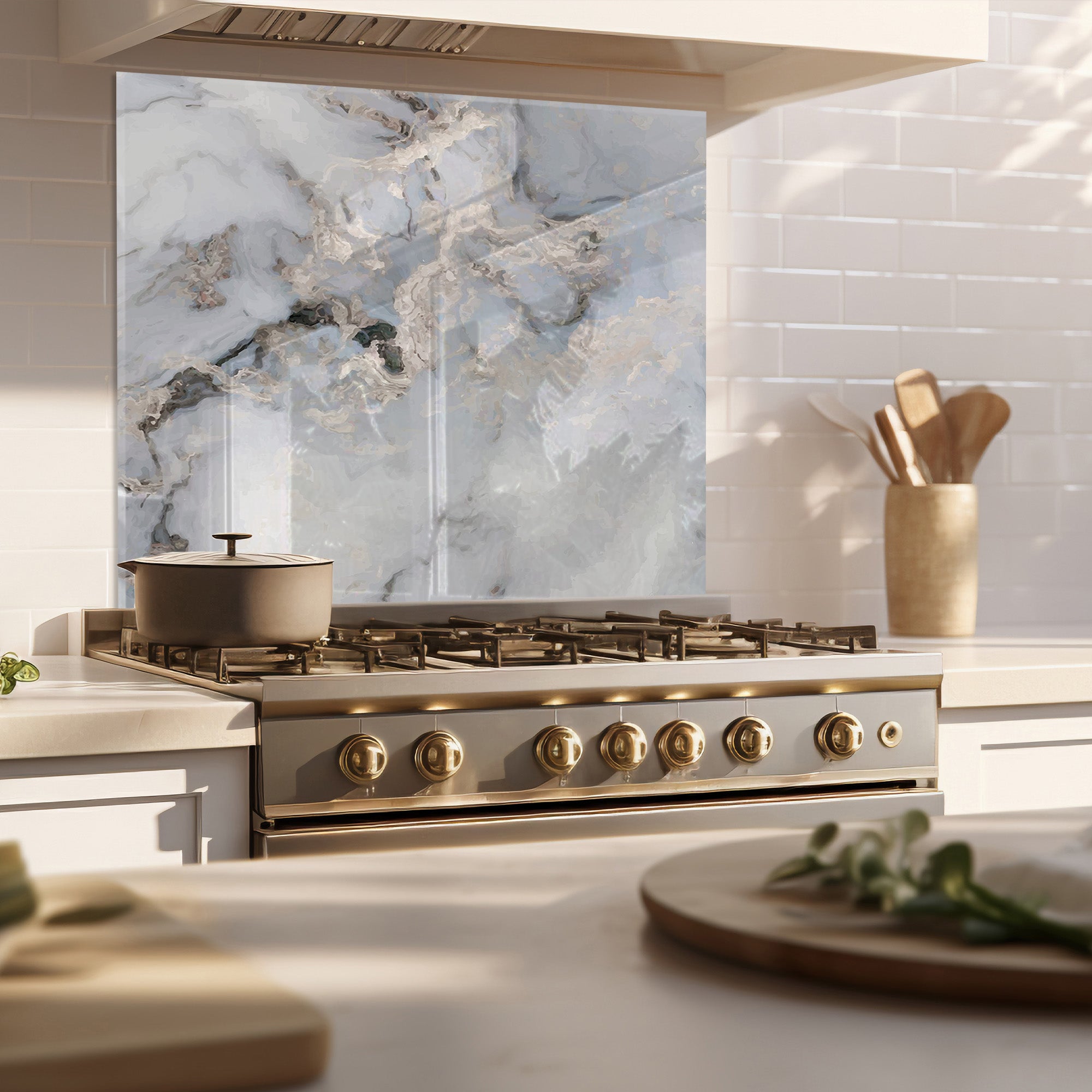 Classic Marble Tempered Glass Backsplash – White & Grey Stone Look Panel