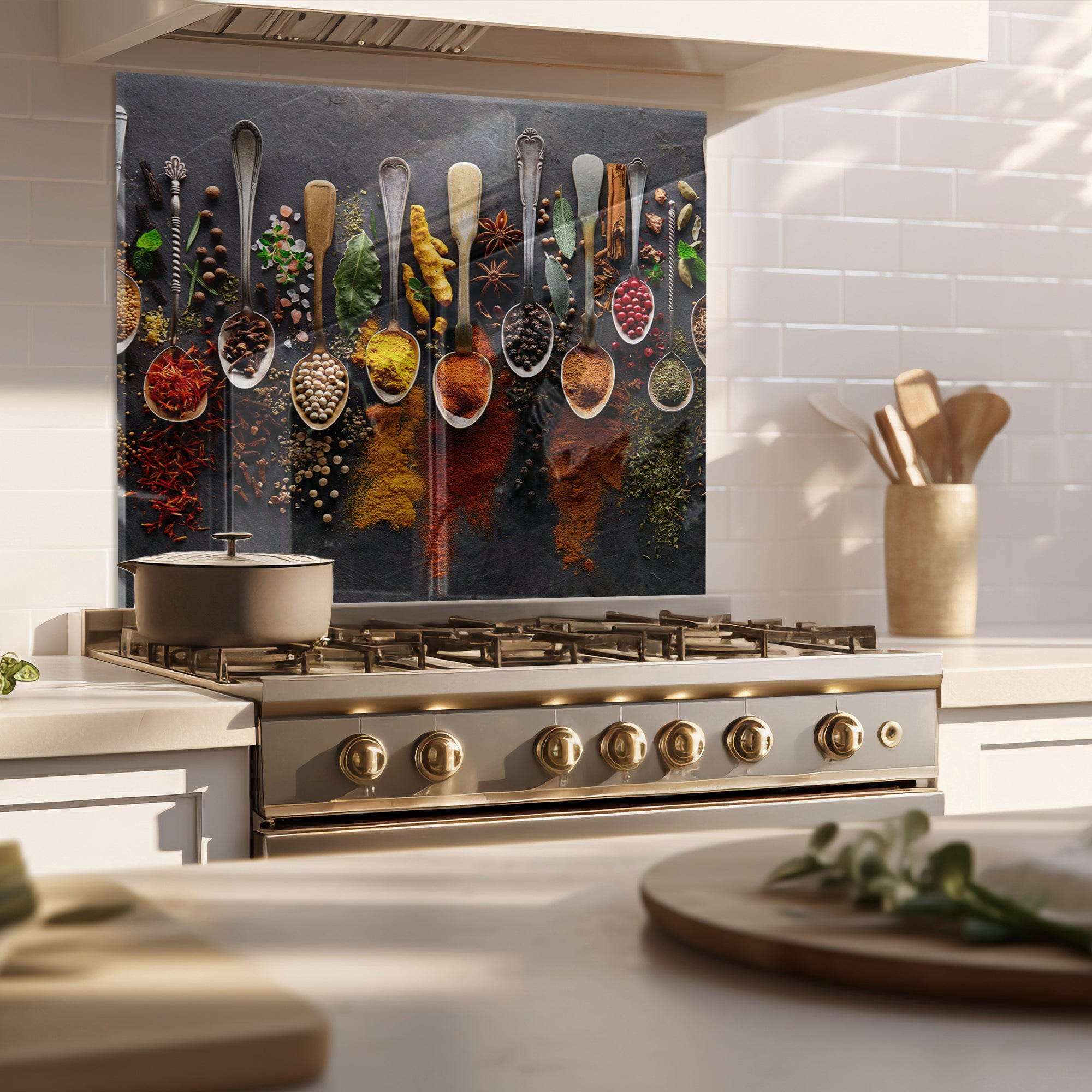 Spices on Dark Stone Tempered Glass Backsplash – Gourmet Kitchen Wall Panel