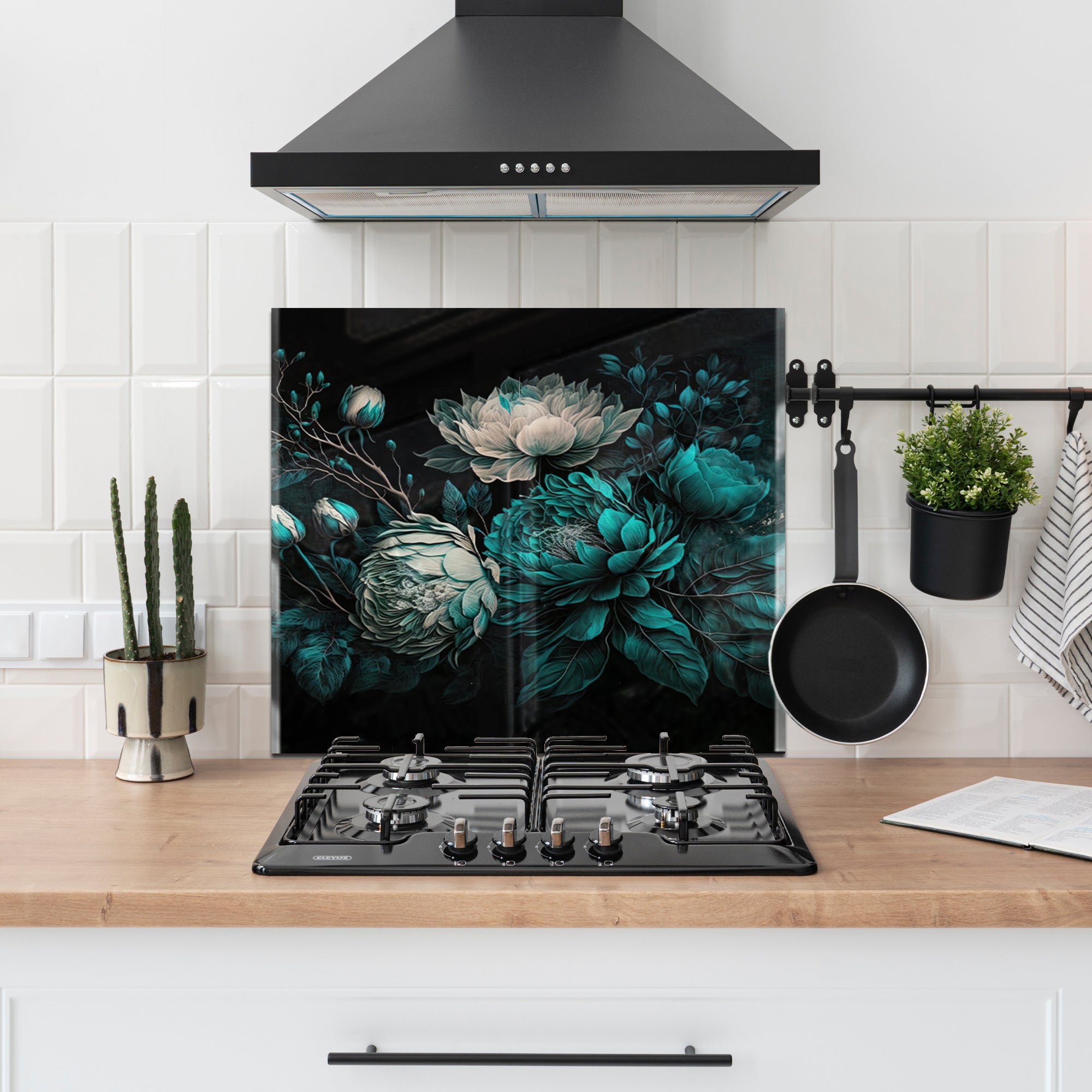 Floral Elegance Tempered Glass Backsplash – Dark Botanical Kitchen Panel