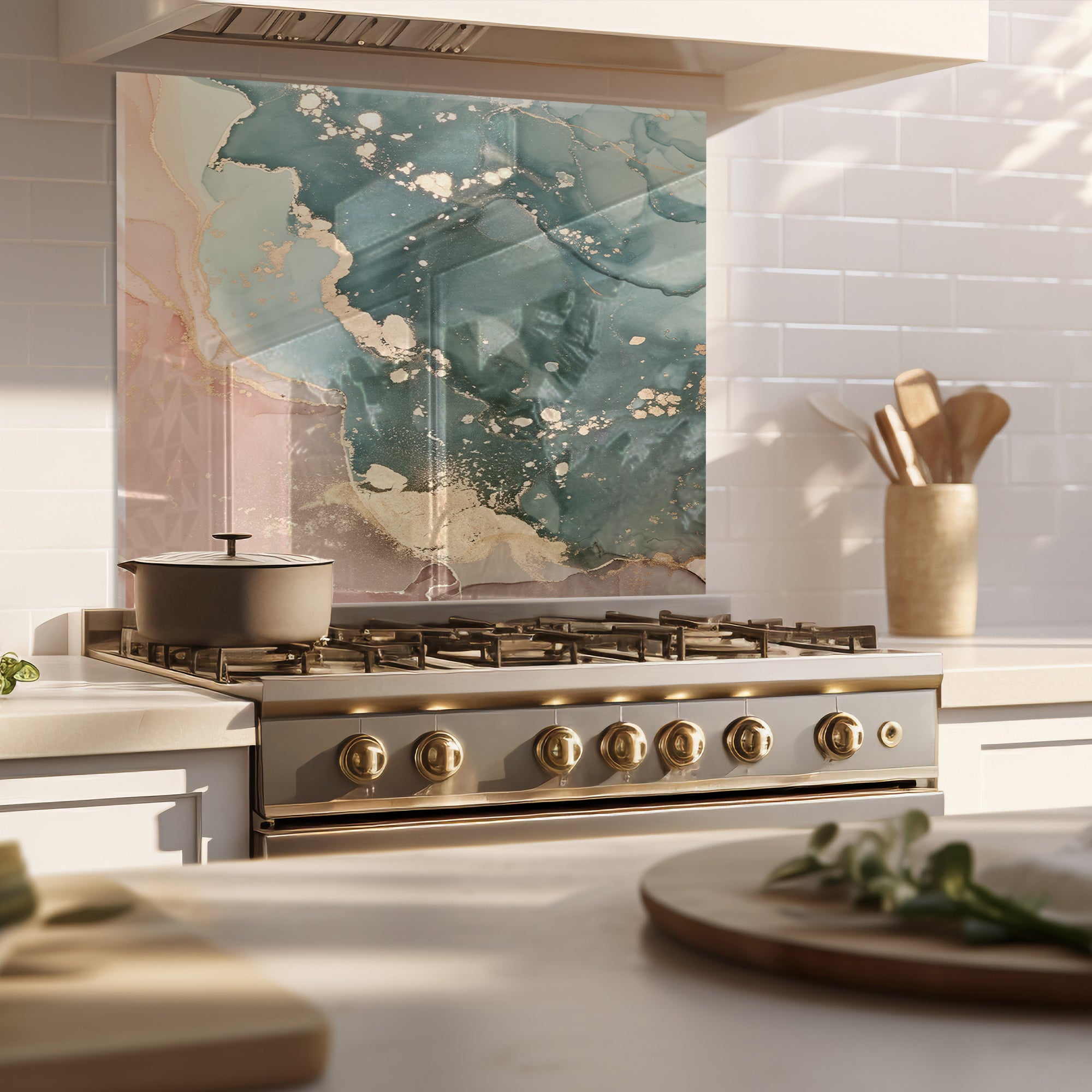 Green & Beige Ink Marble Glass Backsplash – Abstract Kitchen Panel