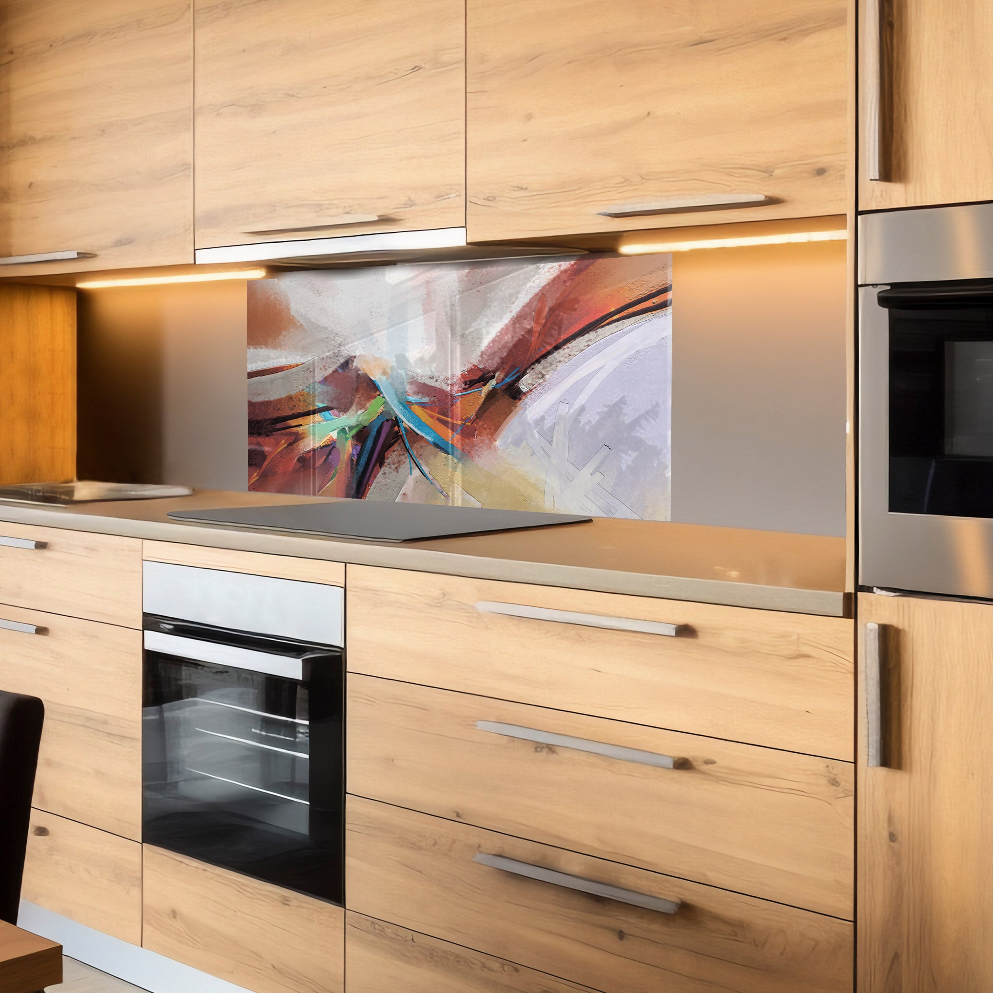 Abstract Color Splash Tempered Glass Backsplash – Modern Kitchen Wall Protector