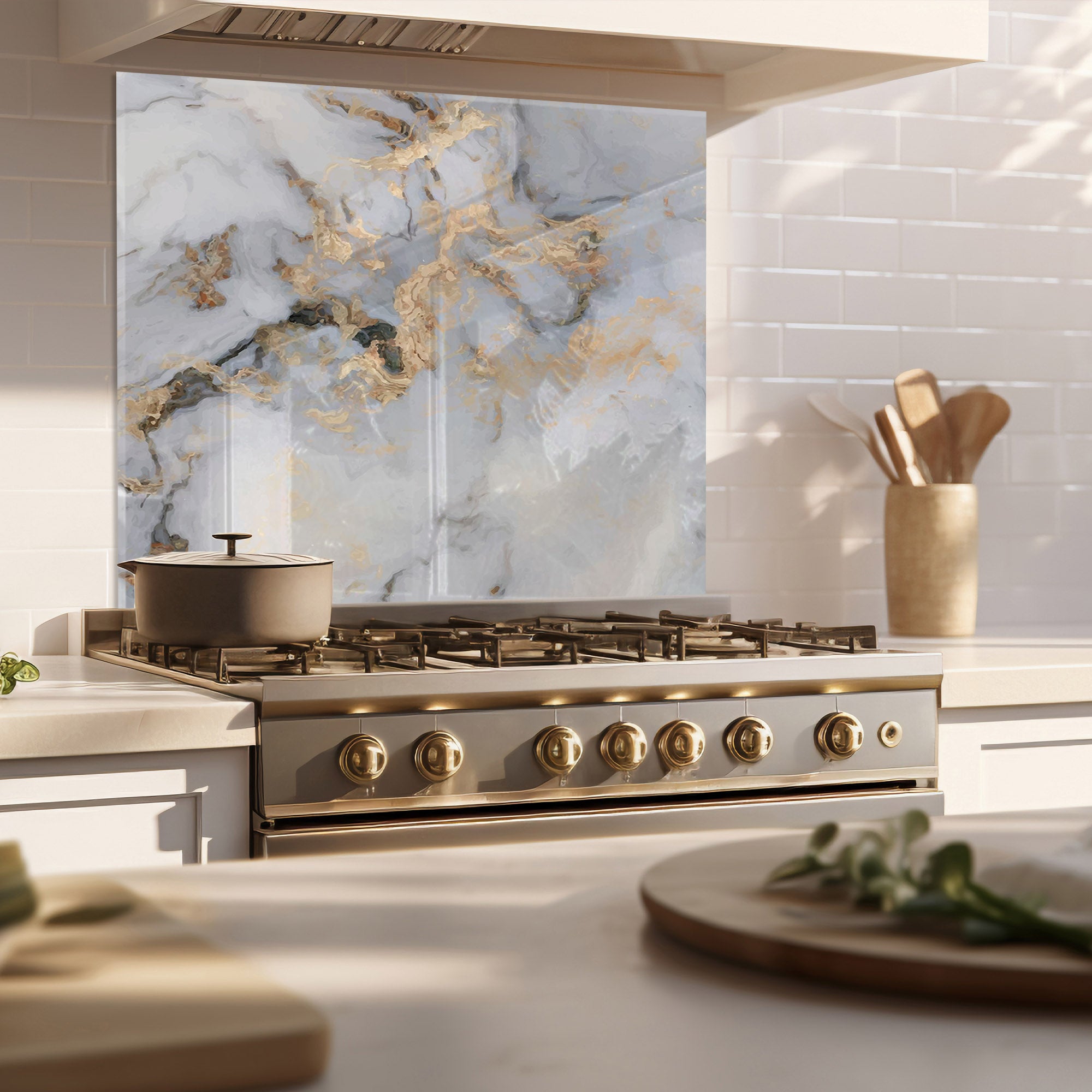White & Gold Marble Tempered Glass Backsplash – Elegant Kitchen Wall Panel