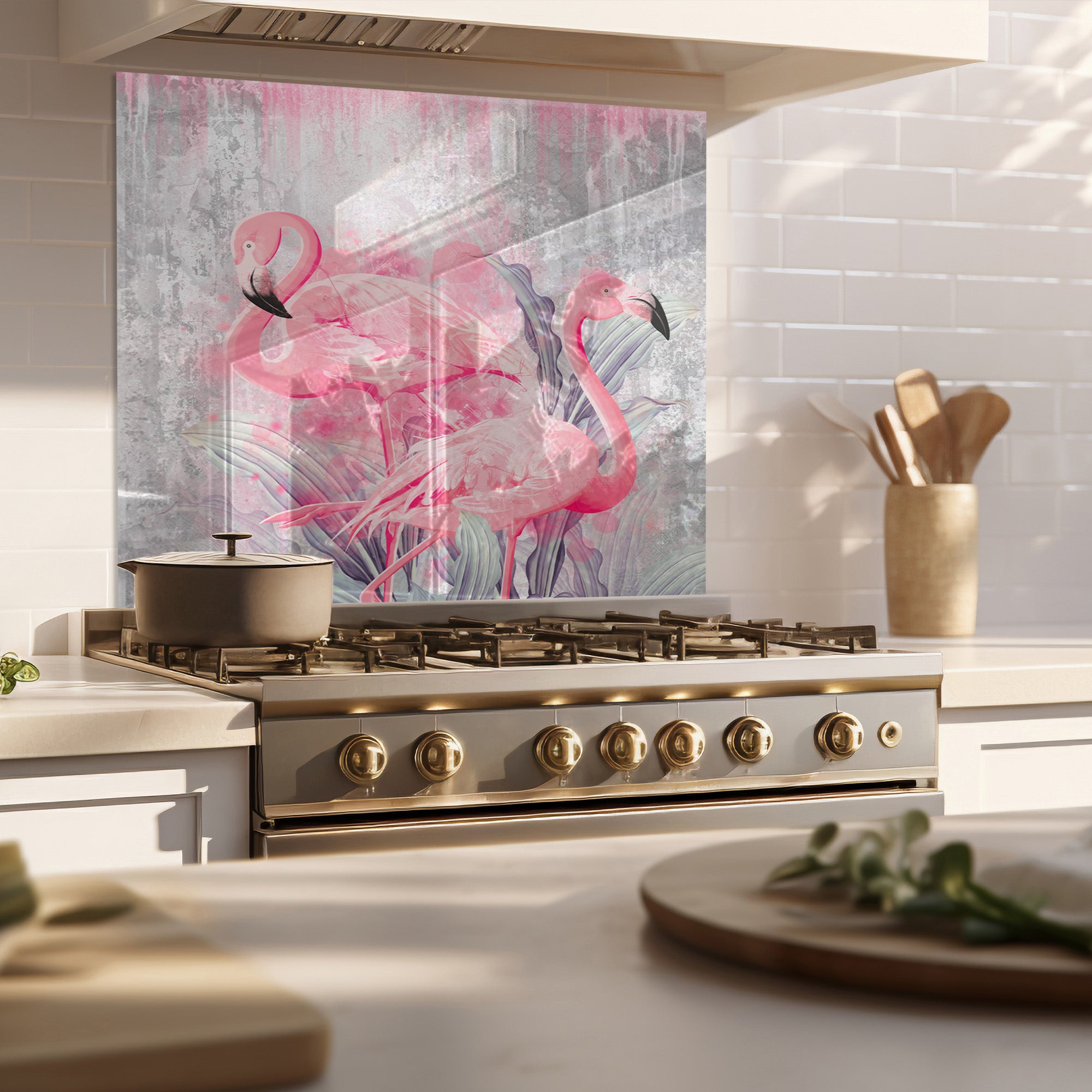 Pink Flamingos Tempered Glass Backsplash – Tropical Kitchen Art Panel
