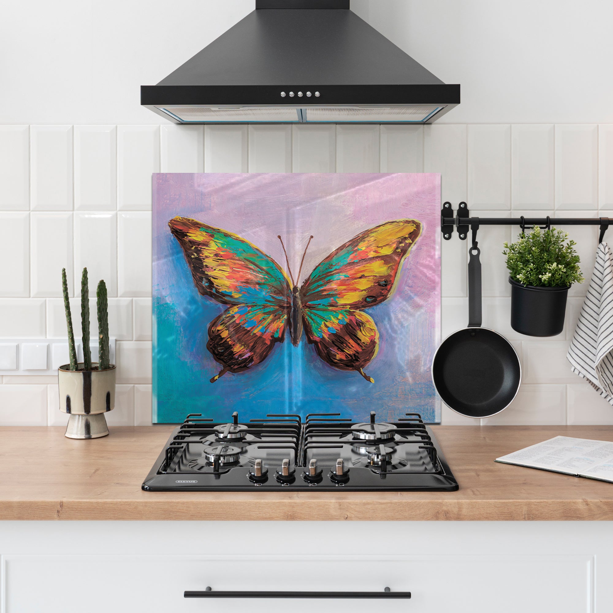 Colorful Butterfly Tempered Glass Backsplash – Artistic Kitchen Wall Panel