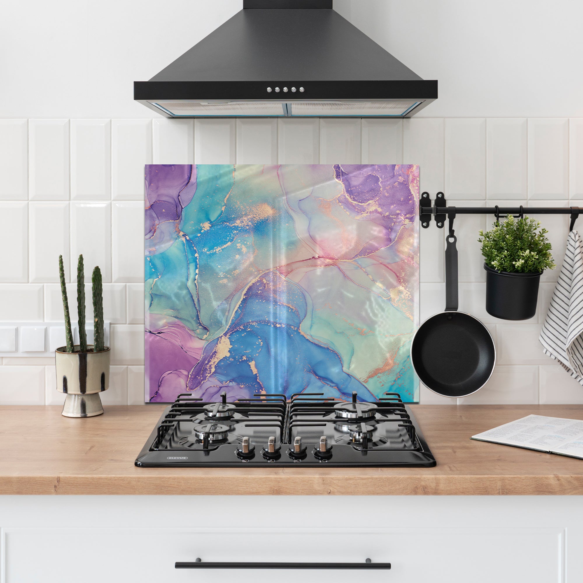 Colorful Ink Marble Glass Backsplash – Purple & Blue Abstract Kitchen Panel
