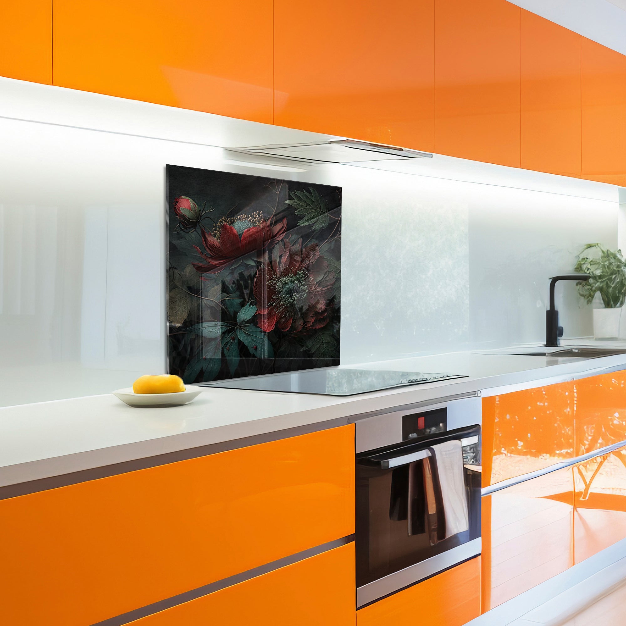 Dark Floral Elegance – Glass Kitchen Backsplash Panel