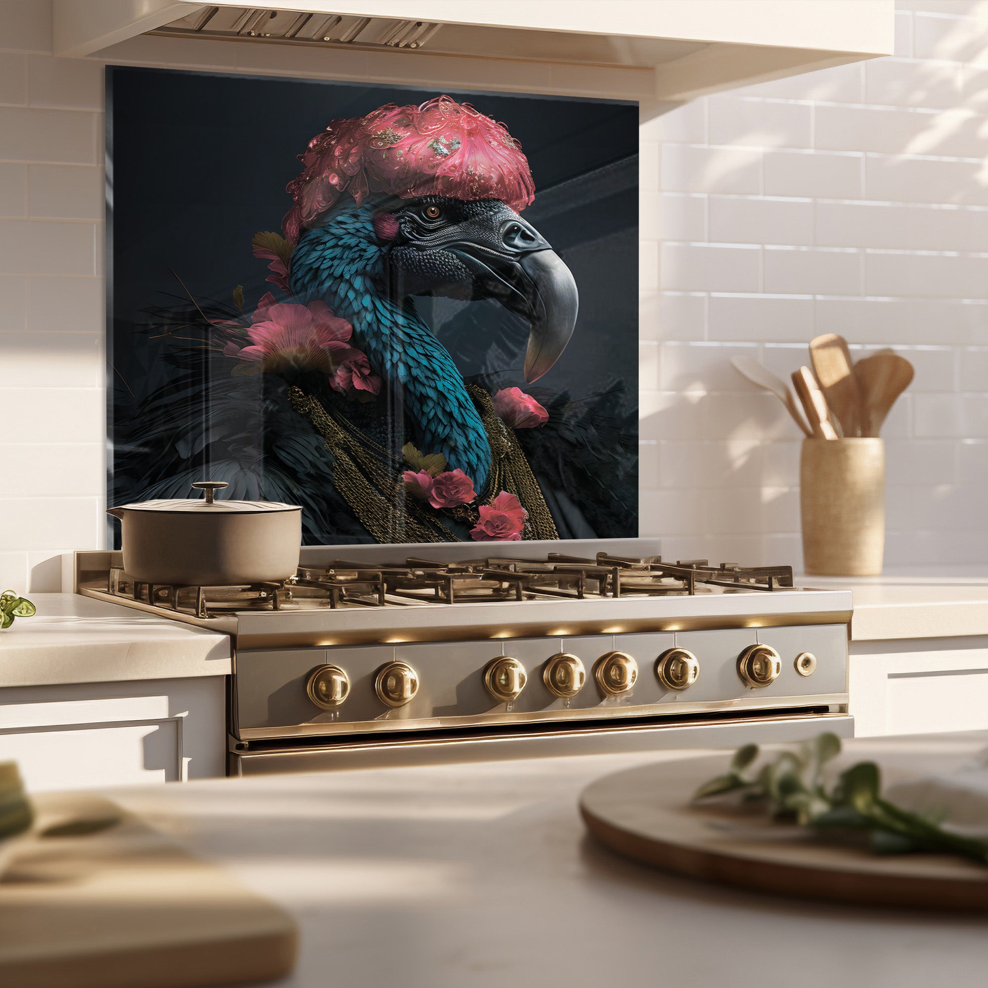 Image showcasing Exotic Parrot Backsplash – Royal Glass Panel for Kitchens