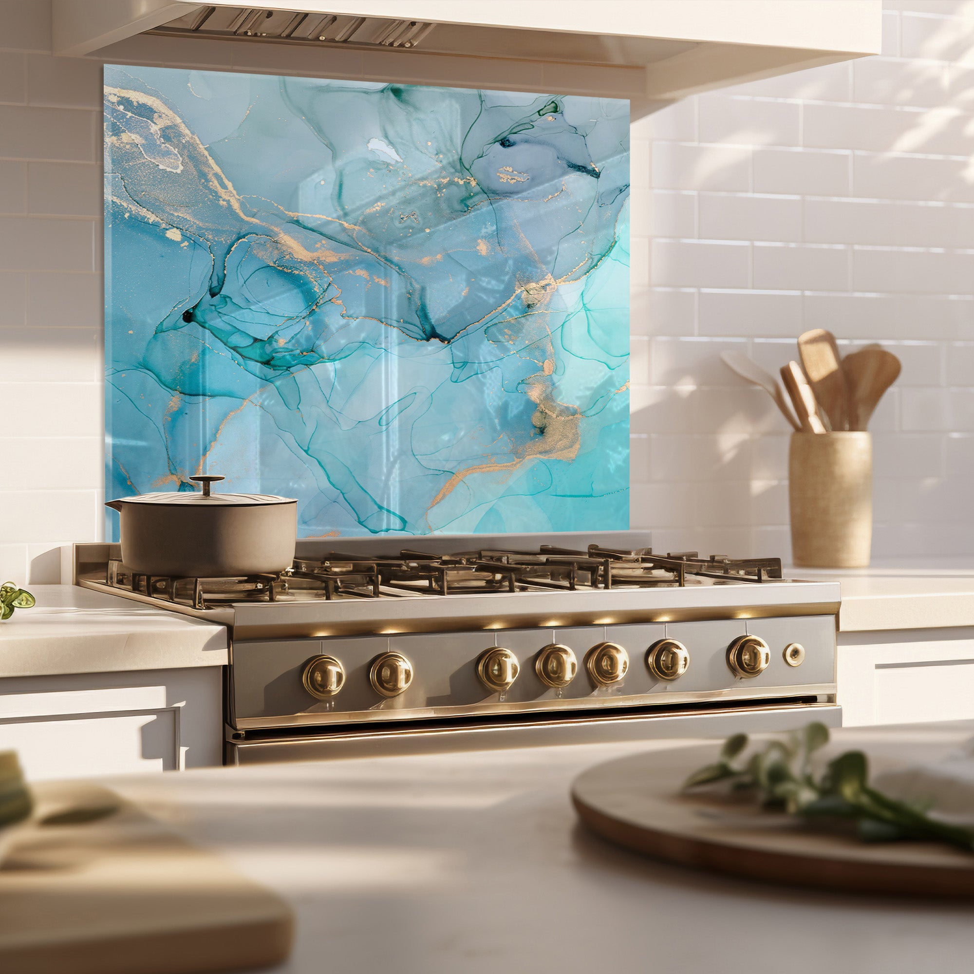 Aqua Marble Tempered Glass Backsplash – Turquoise & Gold Abstract Kitchen Panel