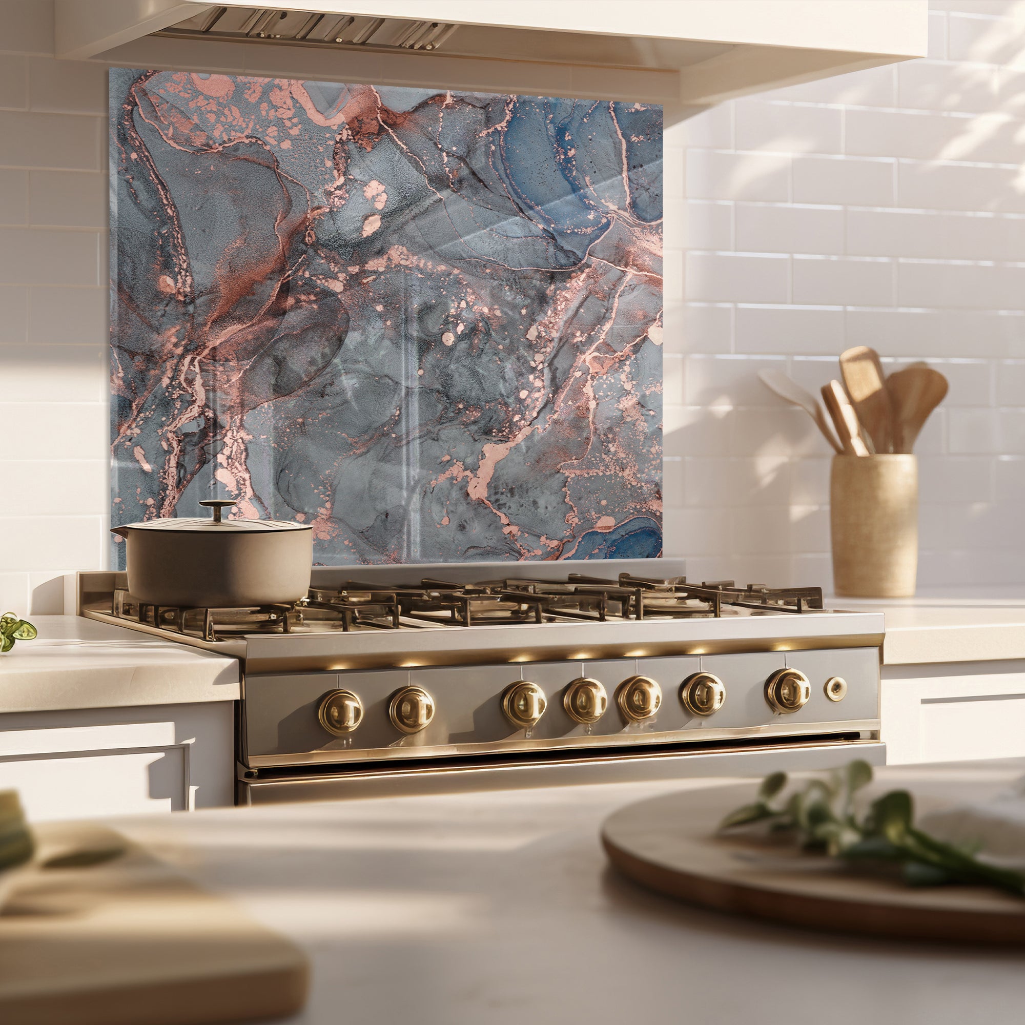Smoky Rose Marble Tempered Glass Backsplash – Grey & Copper Abstract Panel