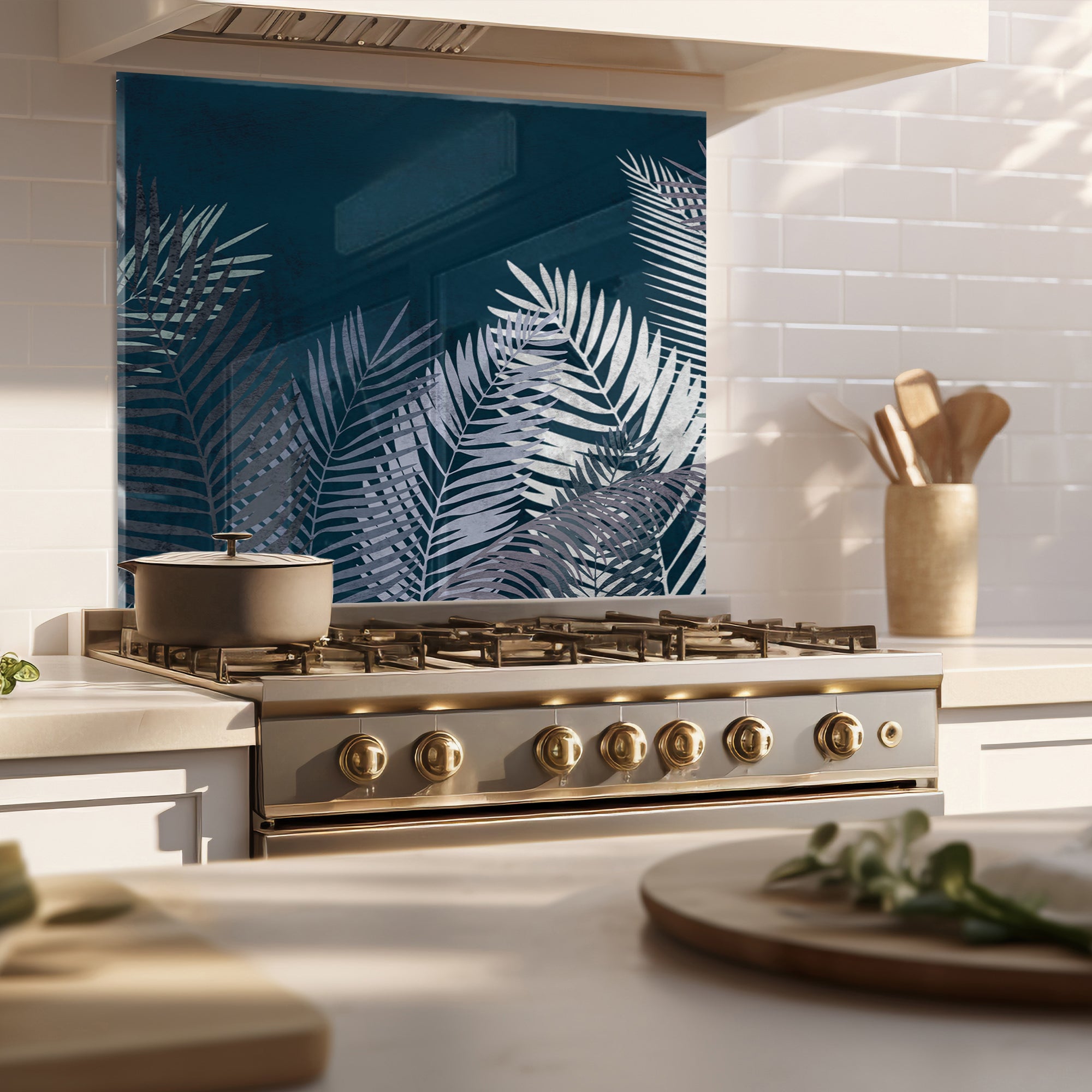Midnight Palm Leaves Tempered Glass Backsplash – Dark Tropical Kitchen Panel