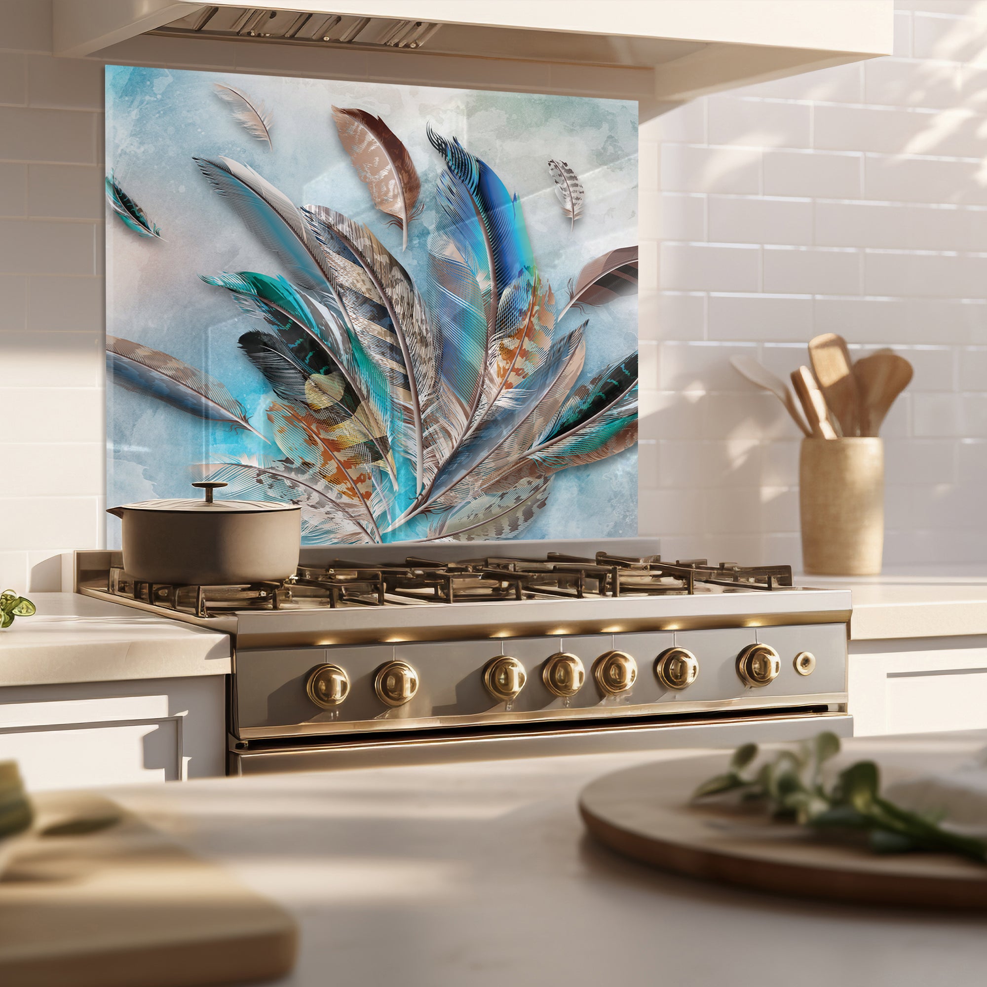 Feather Burst Tempered Glass Backsplash – Colorful Kitchen Art Panel