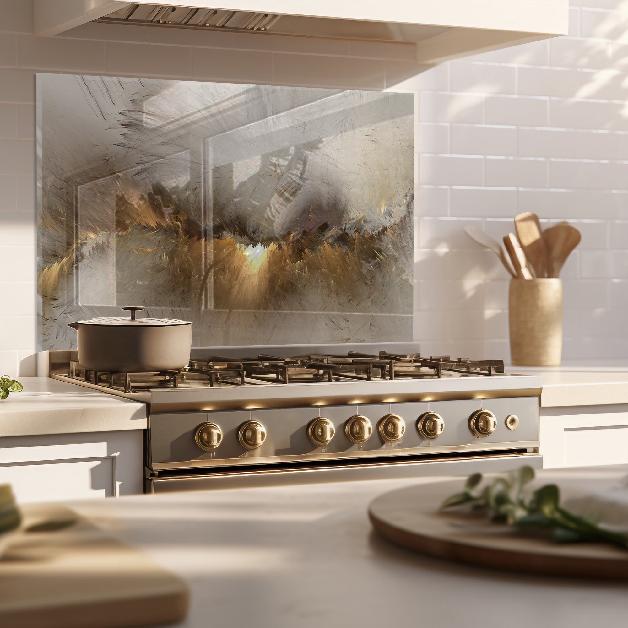 Abstract Grey & Gold Tempered Glass Backsplash – Modern Kitchen Wall Panel