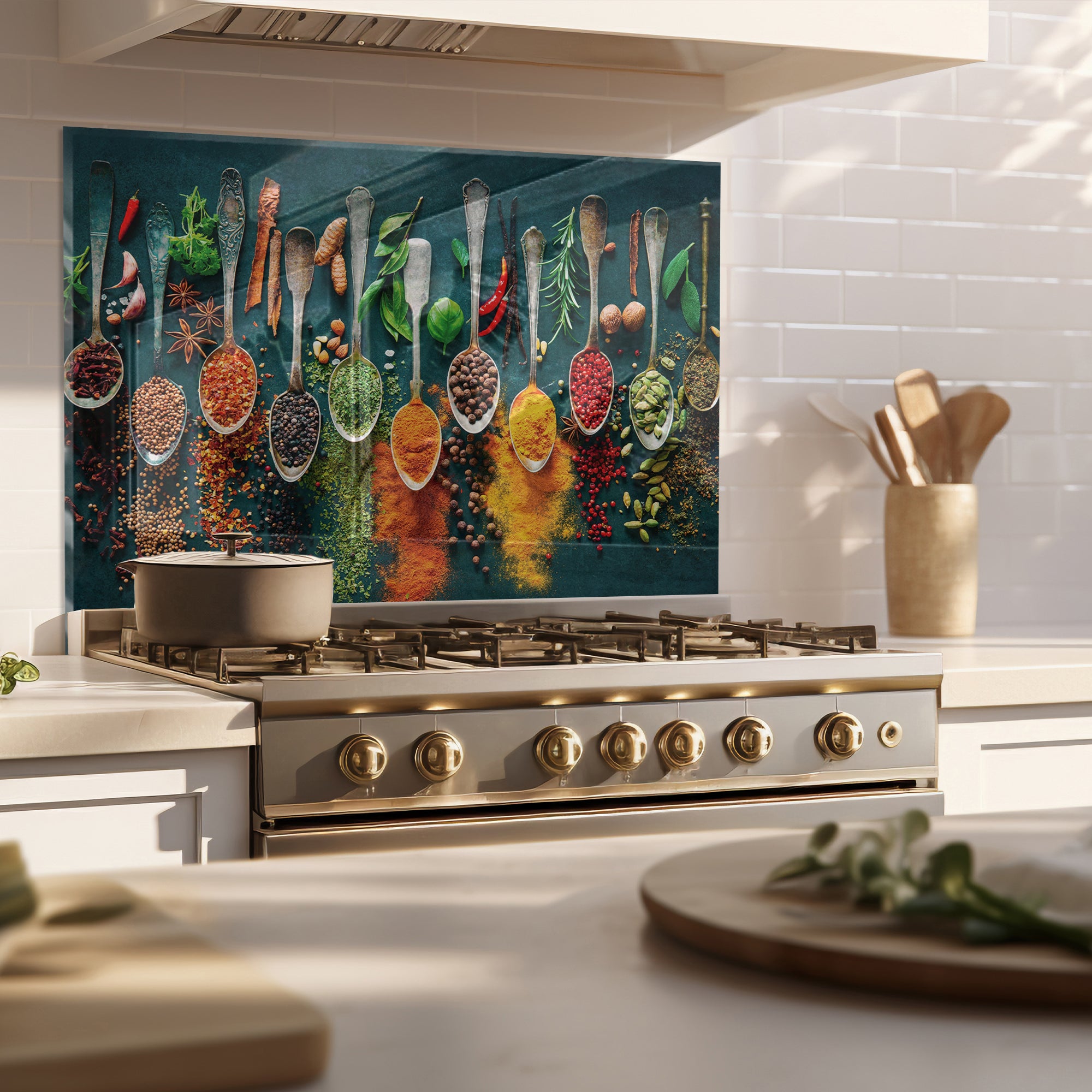 Harmony of Spices Tempered Glass Backsplash – Colorful Kitchen Wall Panel