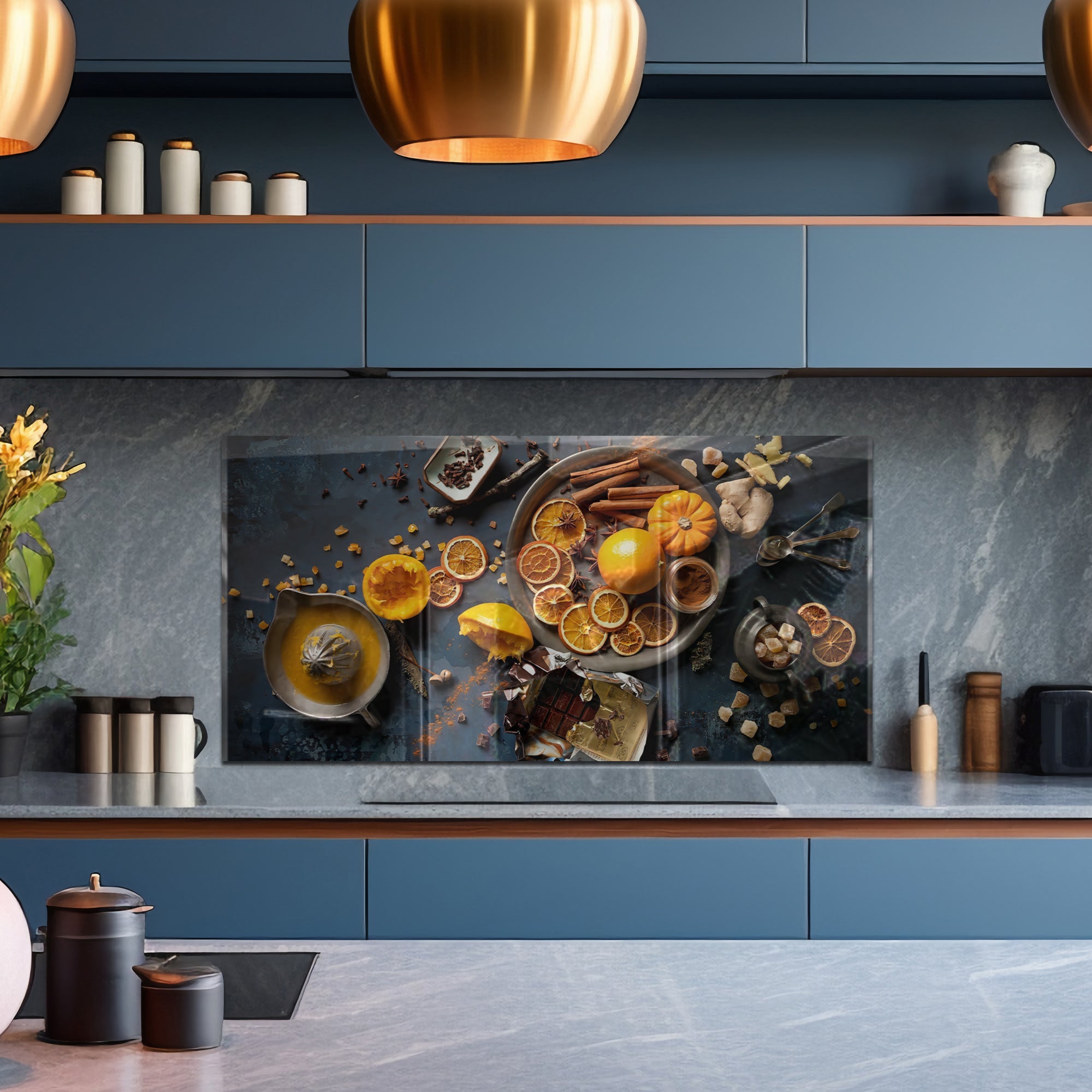 Orange & Spice Tempered Glass Backsplash – Cozy Gourmet Kitchen Wall Panel