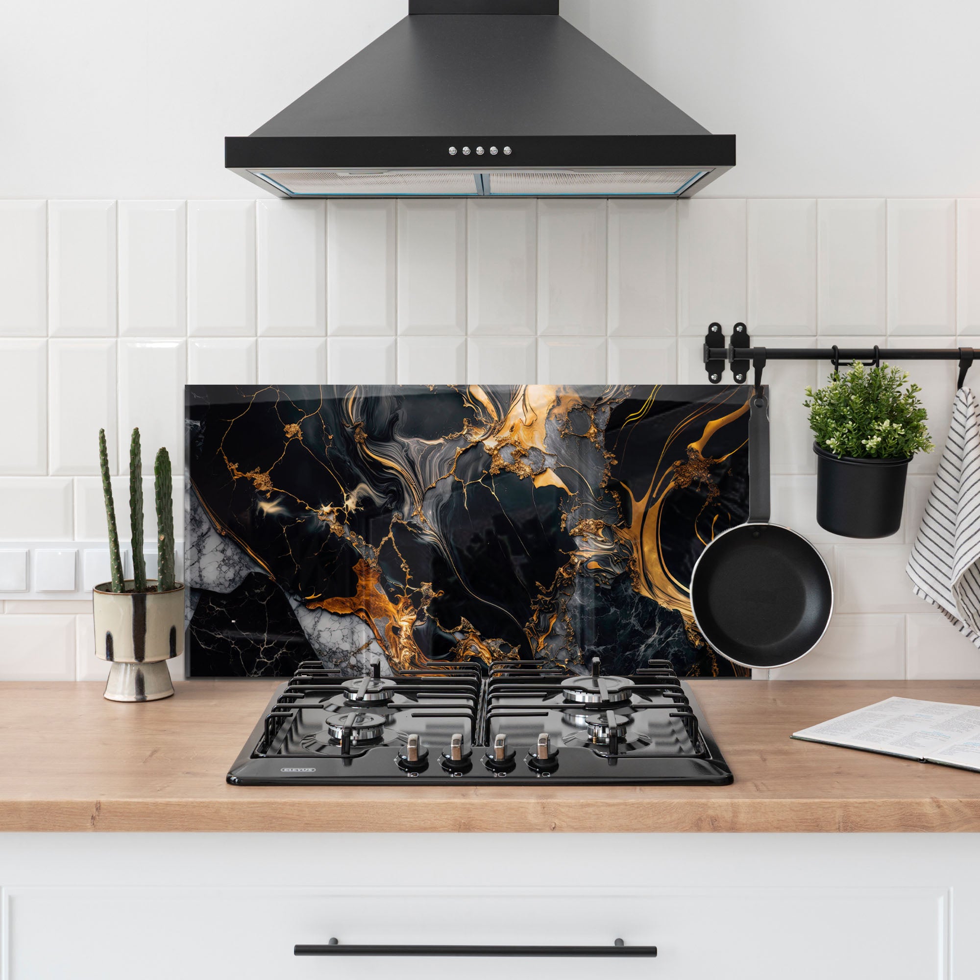 Black and Gold Marble Tempered Glass Stove Backsplash – Heat-Resistant Modern Kitchen Wall Panel