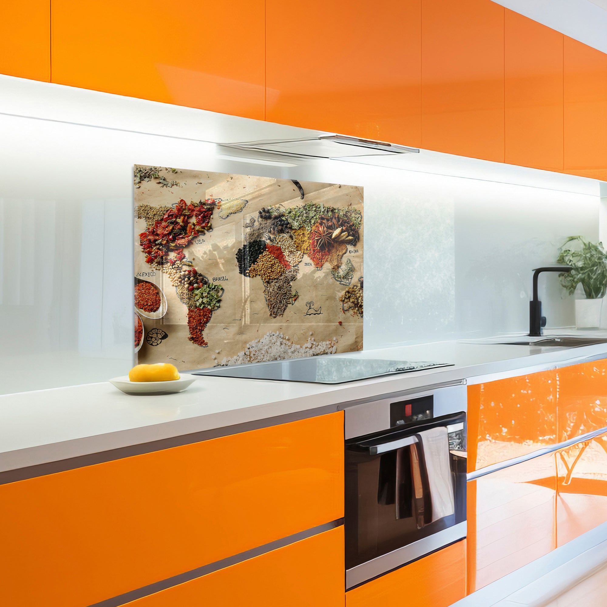 World Map Spices Tempered Glass Backsplash – Culinary Travel Kitchen Panel