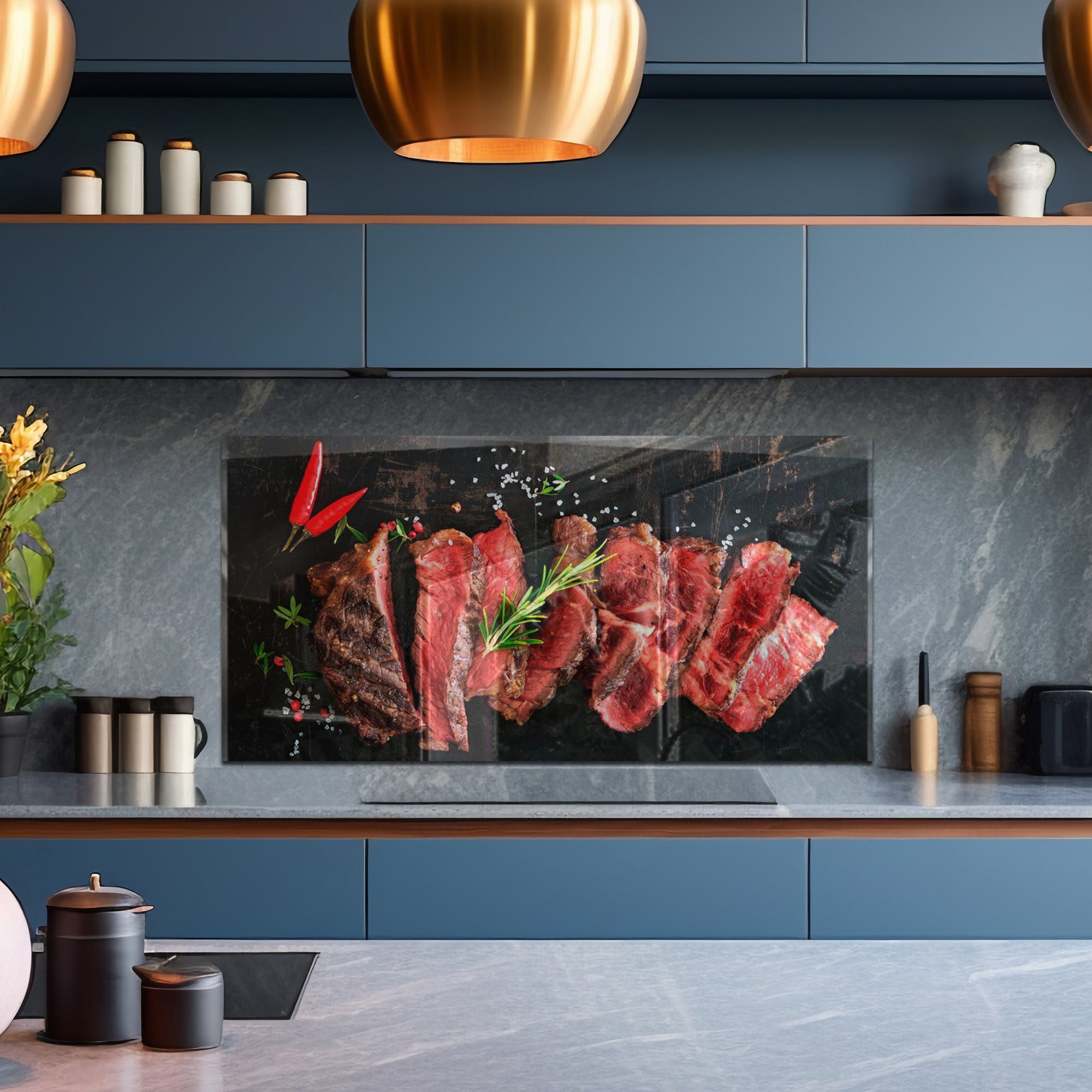 Juicy Steak Tempered Glass Backsplash – Meat Lover’s Kitchen Wall Panel