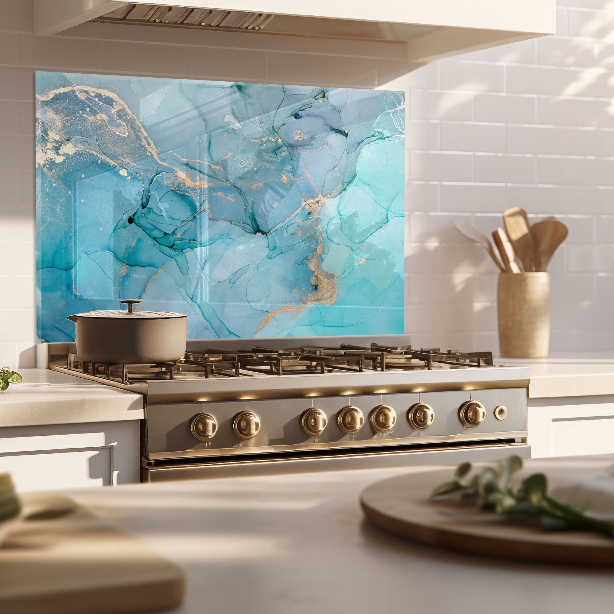 Aqua Marble Tempered Glass Backsplash – Turquoise & Gold Abstract Kitchen Panel