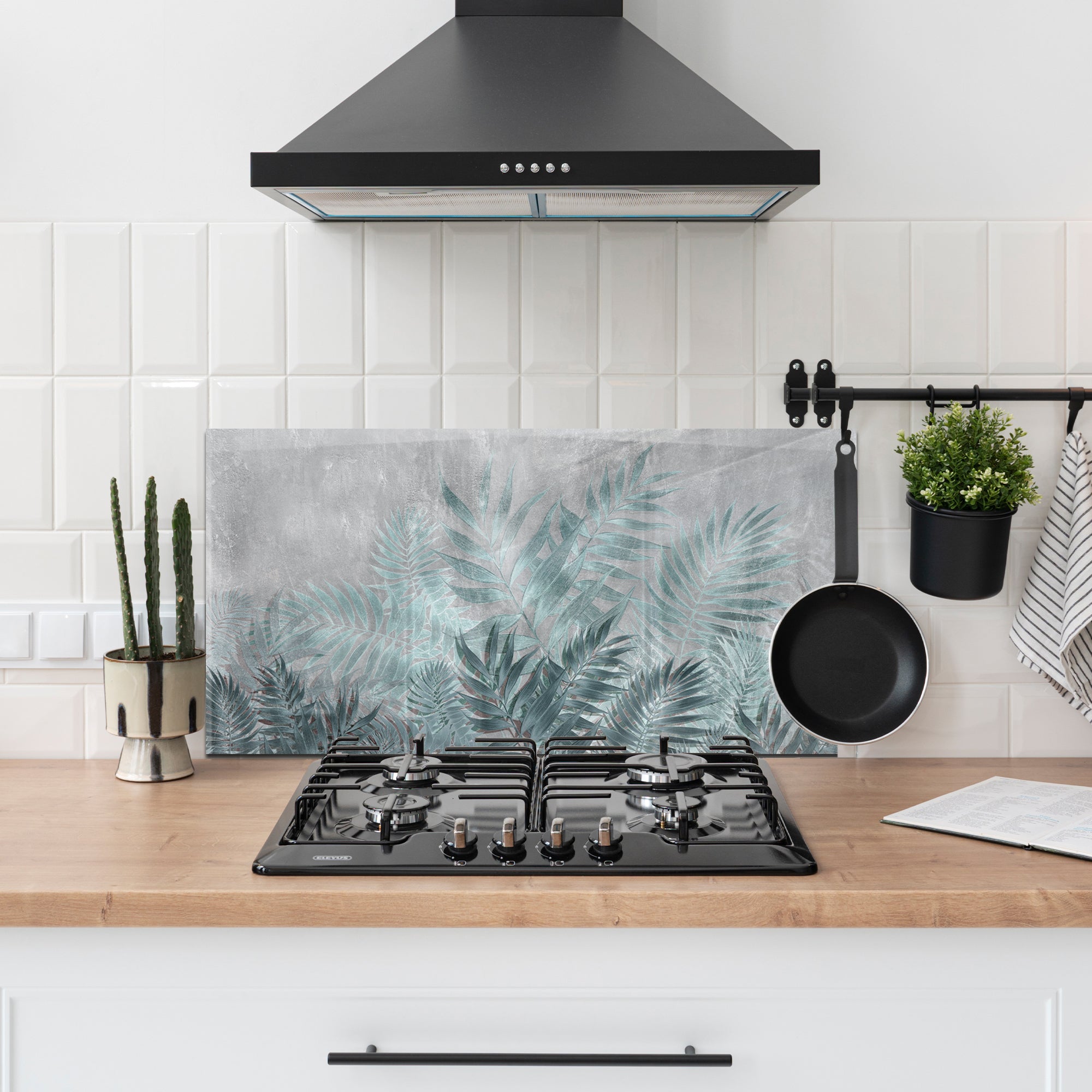 Tropical Leaves Tempered Glass Backsplash – Modern Botanical Kitchen Panel