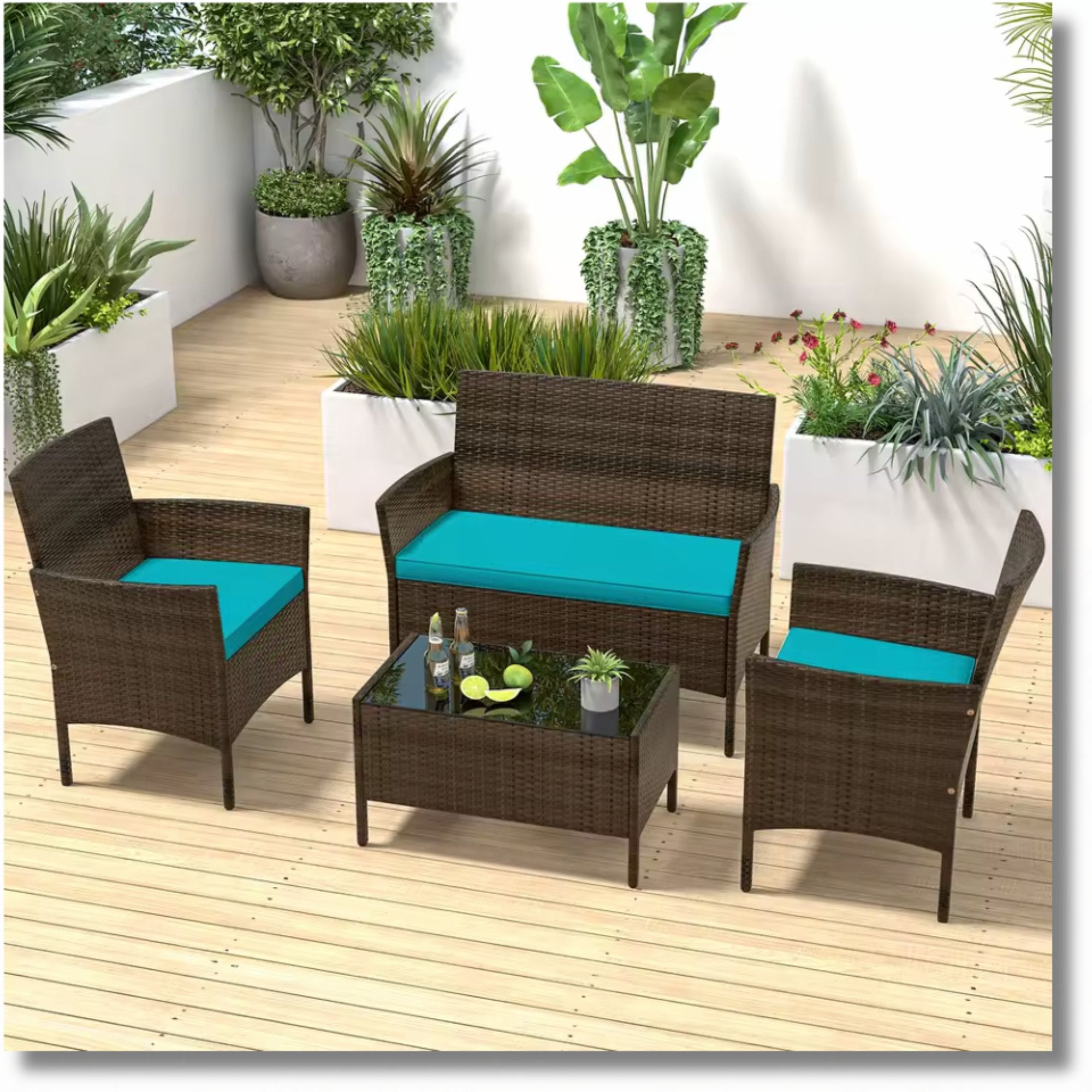 8PCS Outdoor Sectional Set by Add2Home – PE Rattan with Turquoise Cushions