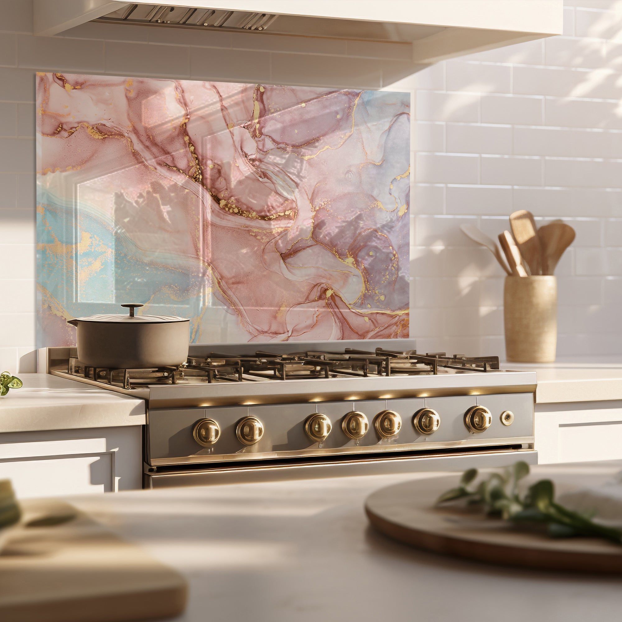 Pink Ink Marble Glass Backsplash – Elegant Abstract Kitchen Panel