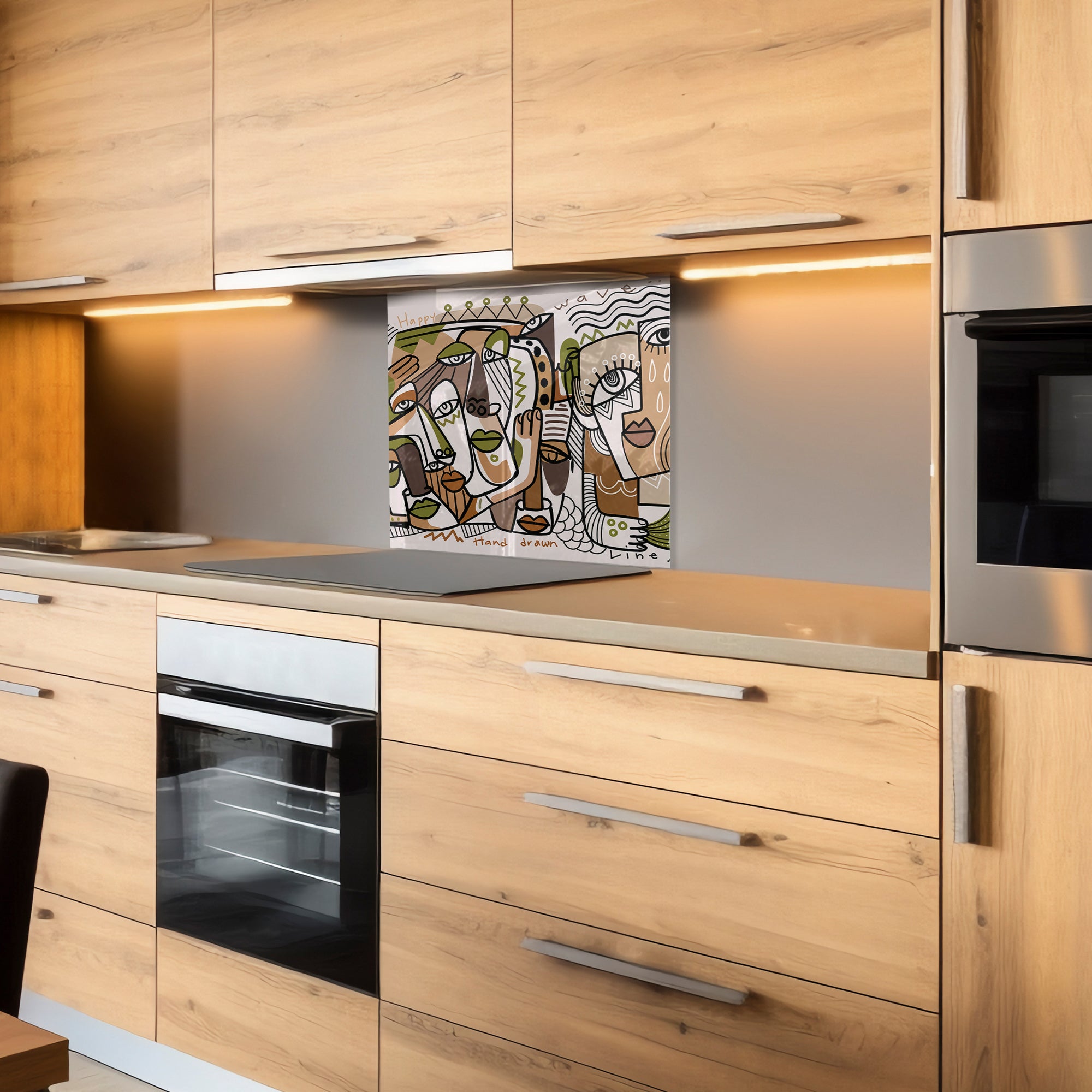 Cubist Faces Tempered Glass Backsplash – Abstract Modern Art Kitchen Panel