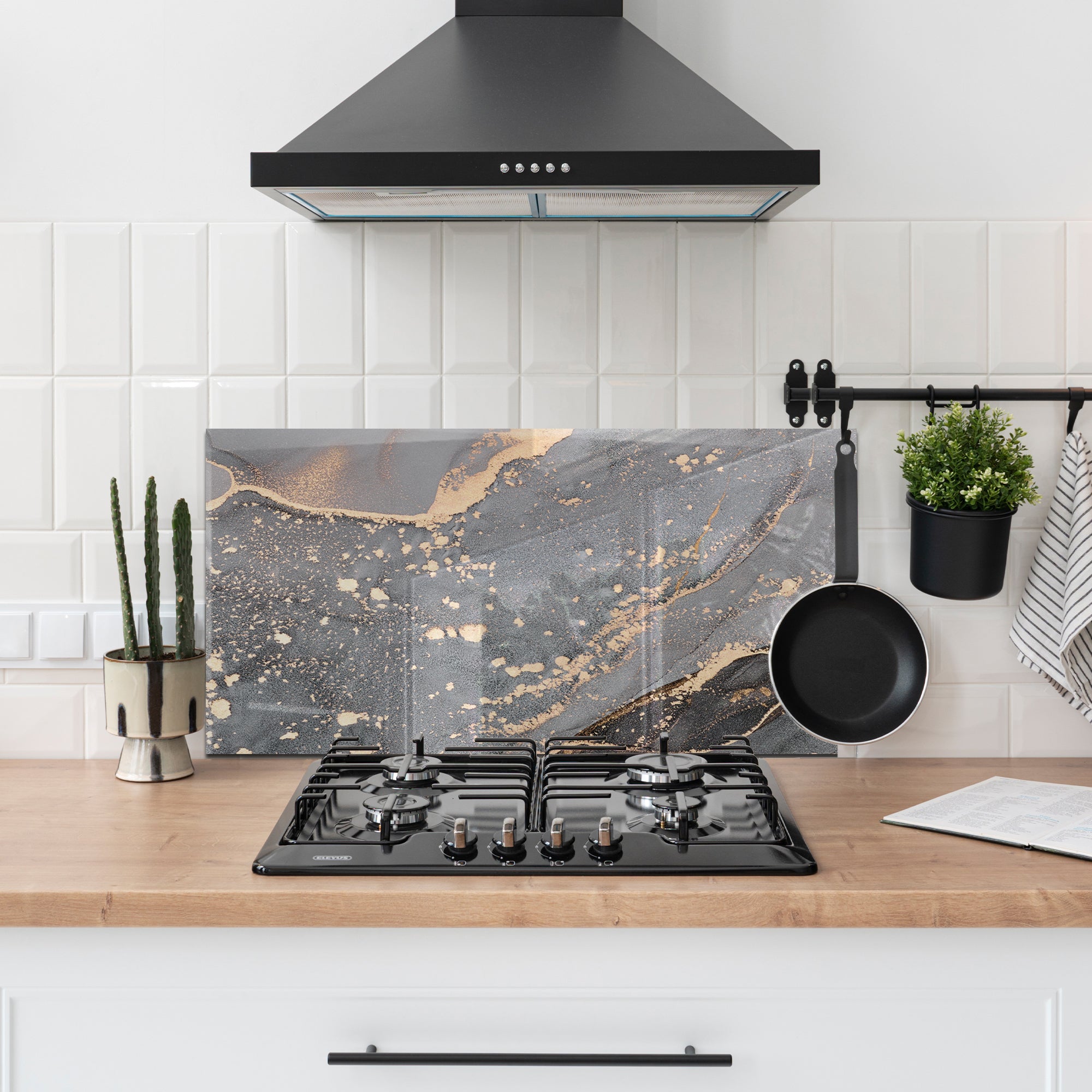 Grey Marble Tempered Glass Backsplash – Gold Vein Luxury Kitchen Panel