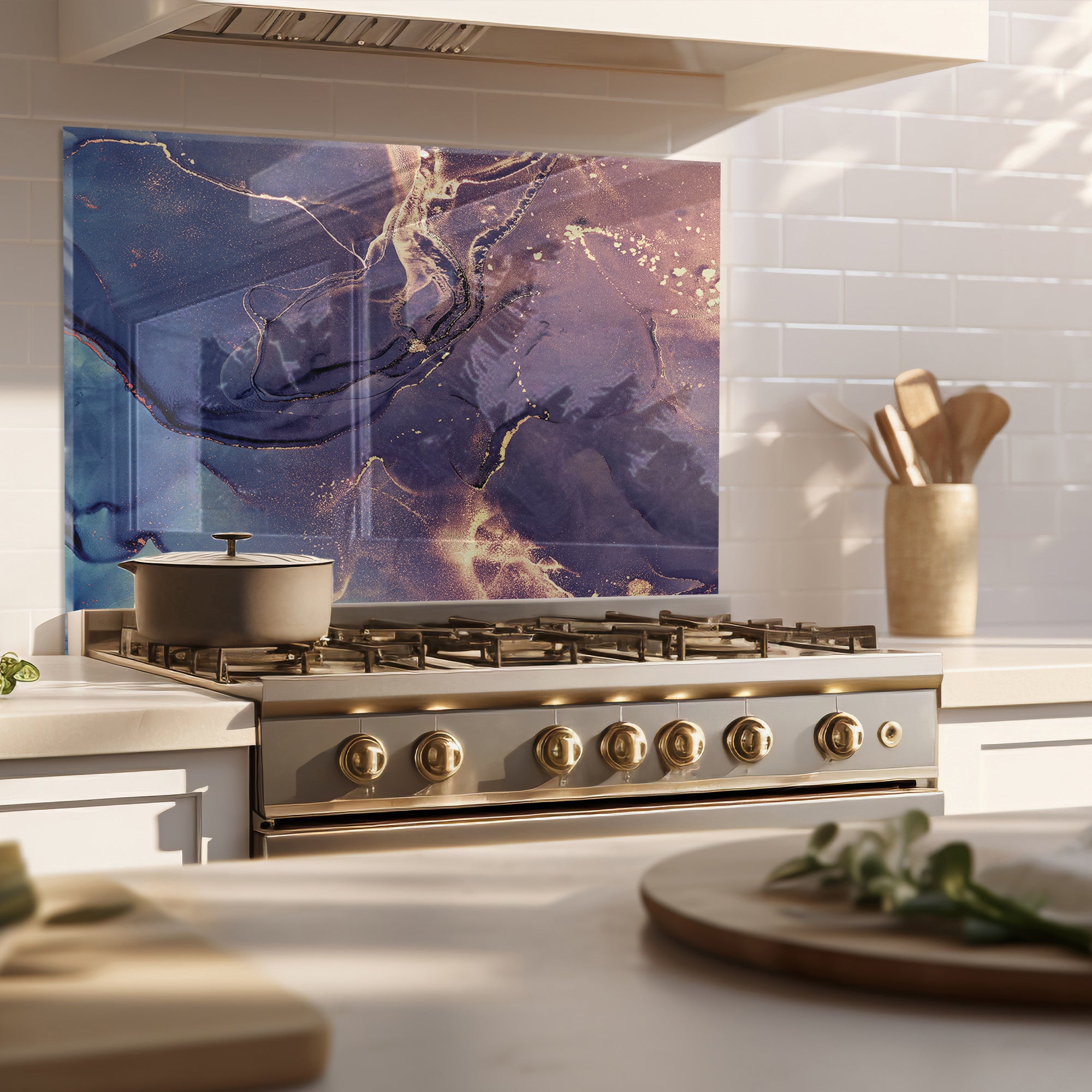 Ink Marble Tempered Glass Backsplash – Blue & Gold Abstract Kitchen Panel