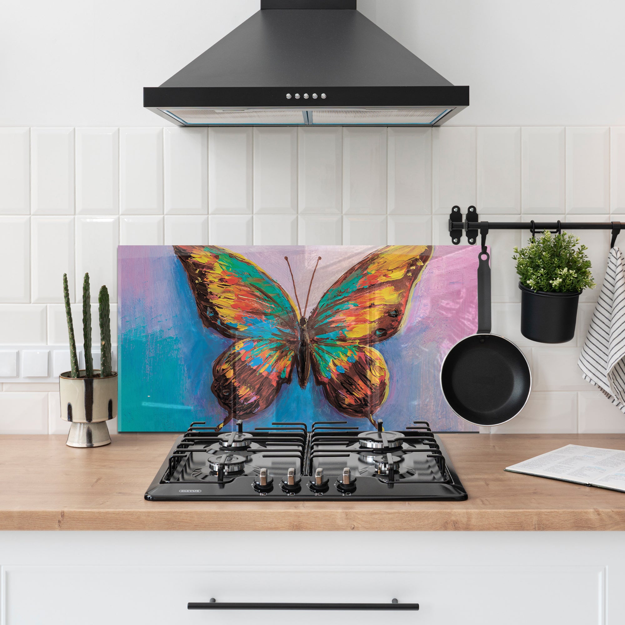 Colorful Butterfly Tempered Glass Backsplash – Artistic Kitchen Wall Panel