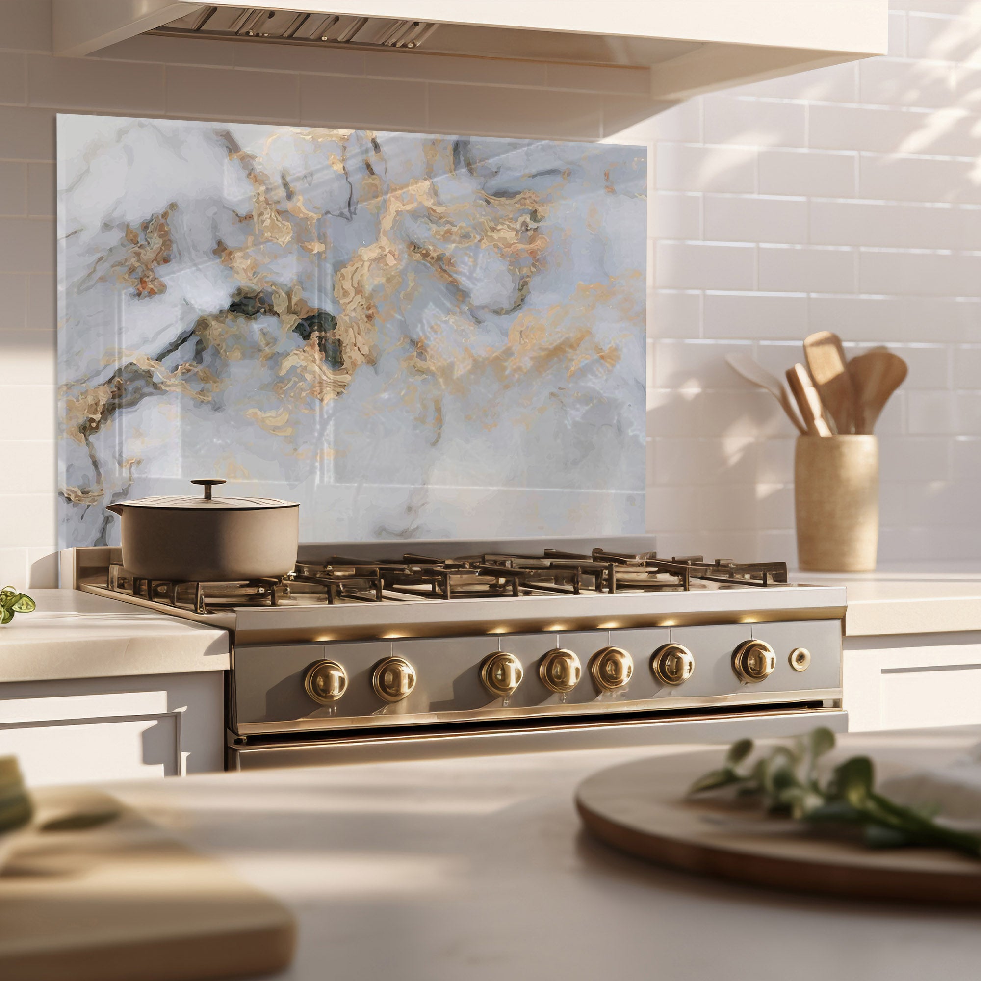White & Gold Marble Tempered Glass Backsplash – Elegant Kitchen Wall Panel
