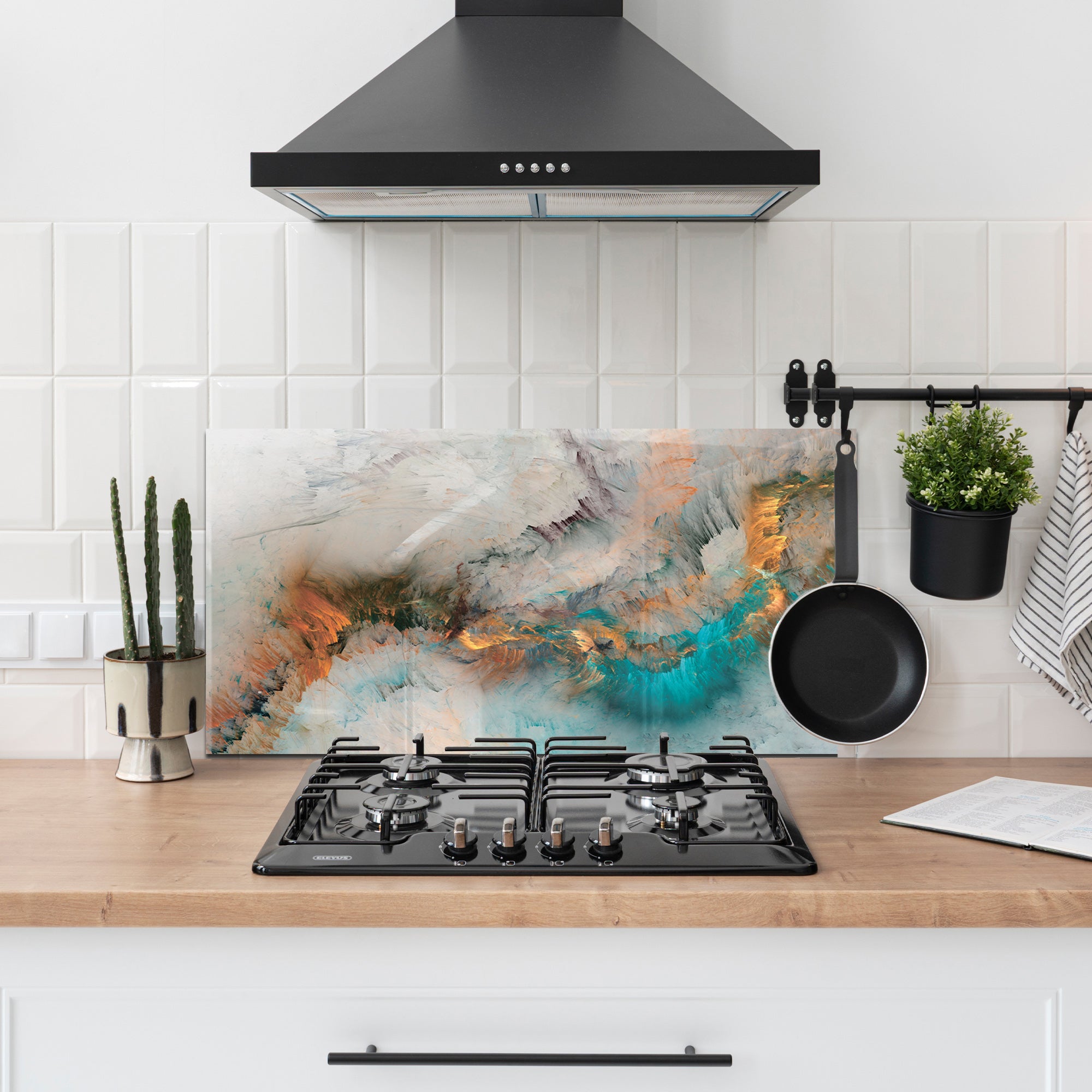 Abstract Ocean Mist Tempered Glass Backsplash – Turquoise & Copper Art Panel