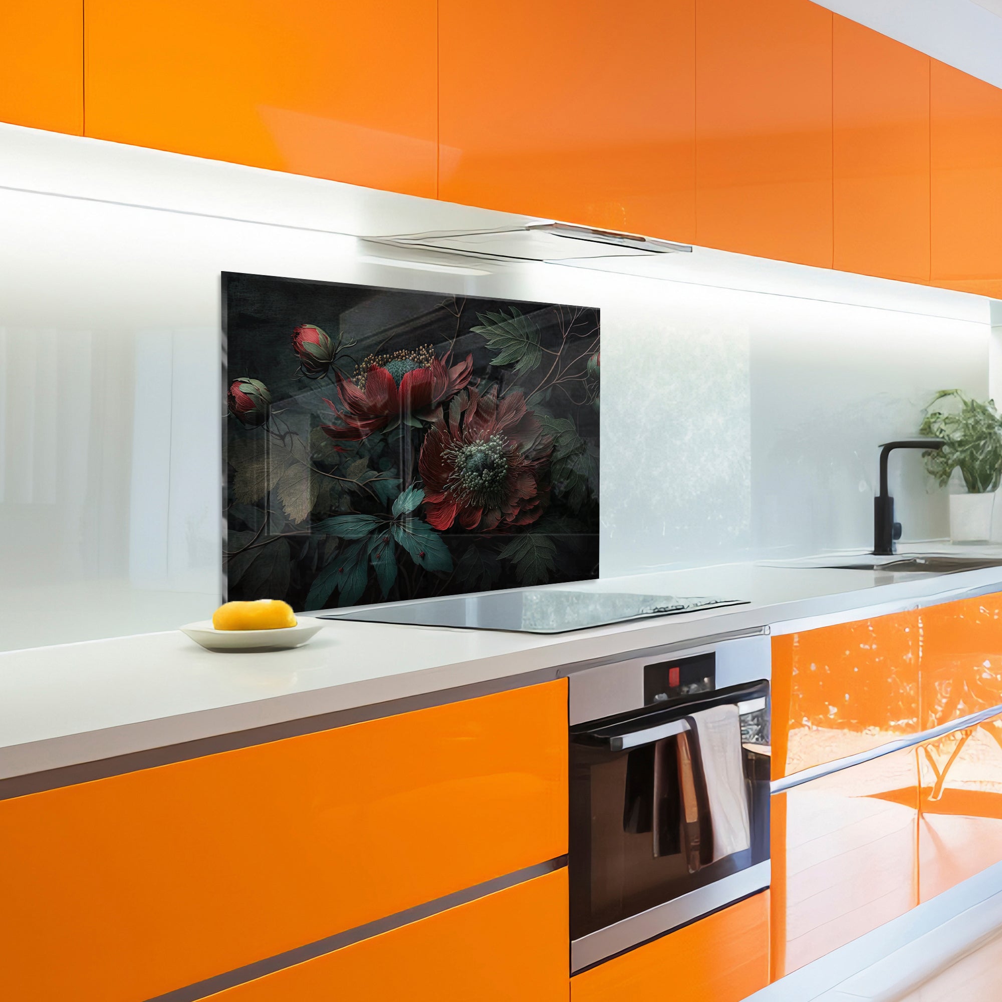 Dark Floral Elegance – Glass Kitchen Backsplash Panel