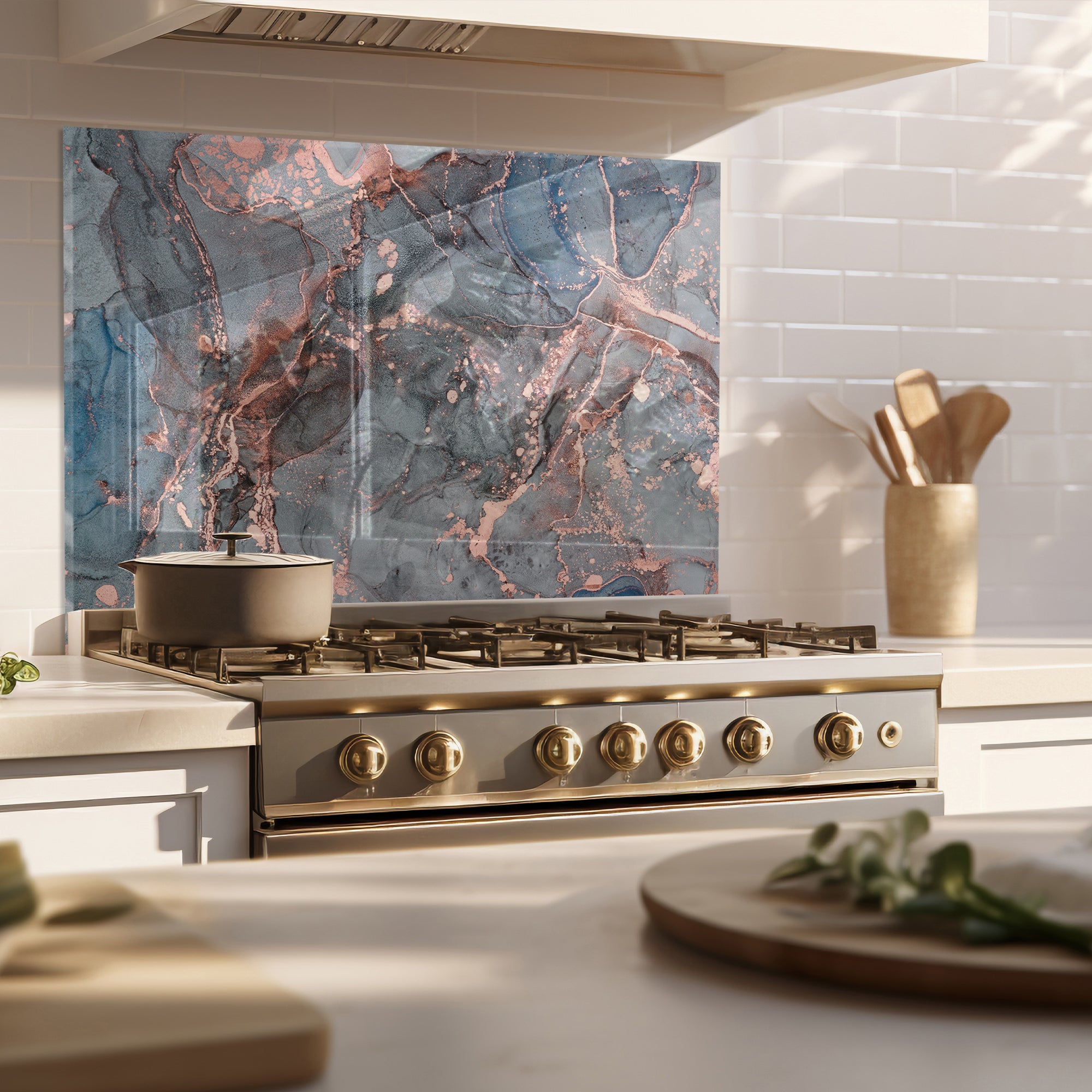 Smoky Rose Marble Tempered Glass Backsplash – Grey & Copper Abstract Panel