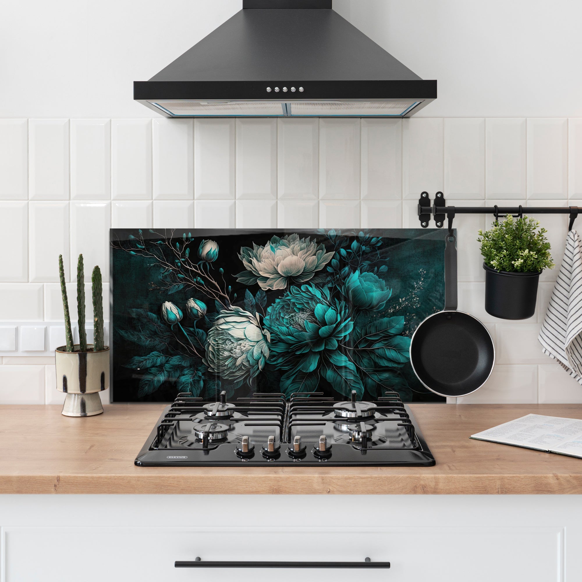 Floral Elegance Tempered Glass Backsplash – Dark Botanical Kitchen Panel