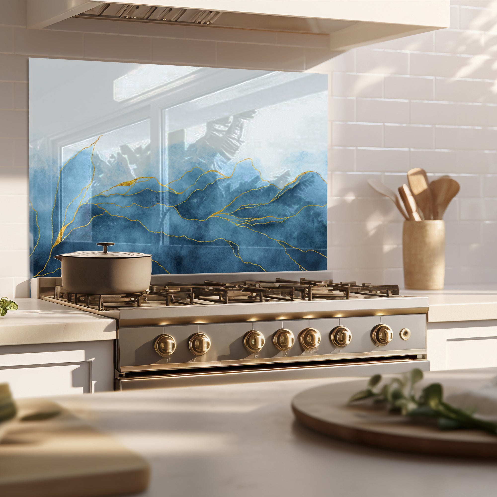 Blue Mountains Glass Backsplash – Gold Line Abstract Kitchen Panel