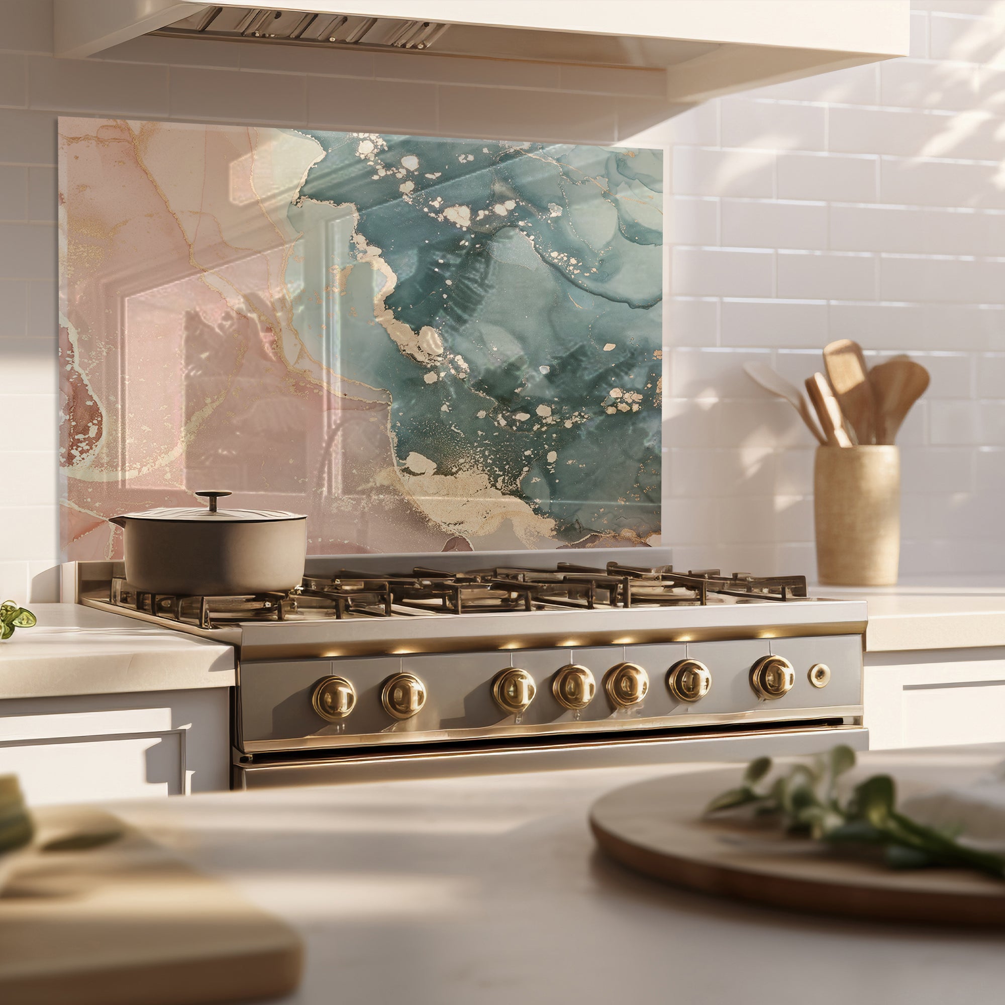 Green & Beige Ink Marble Glass Backsplash – Abstract Kitchen Panel