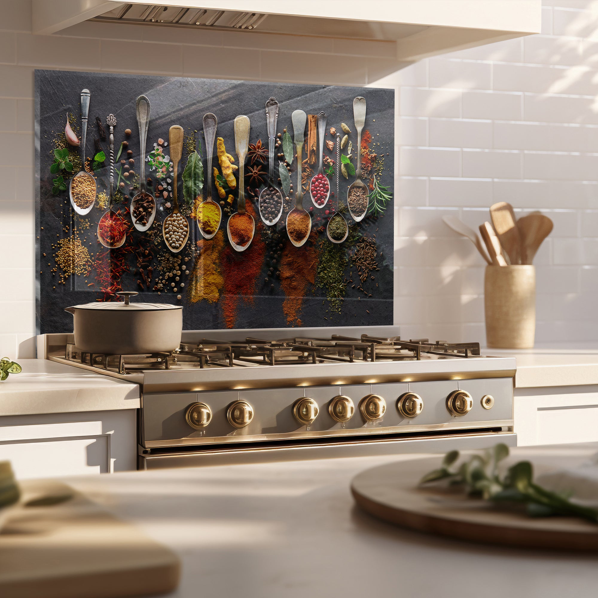 Spices on Dark Stone Tempered Glass Backsplash – Gourmet Kitchen Wall Panel