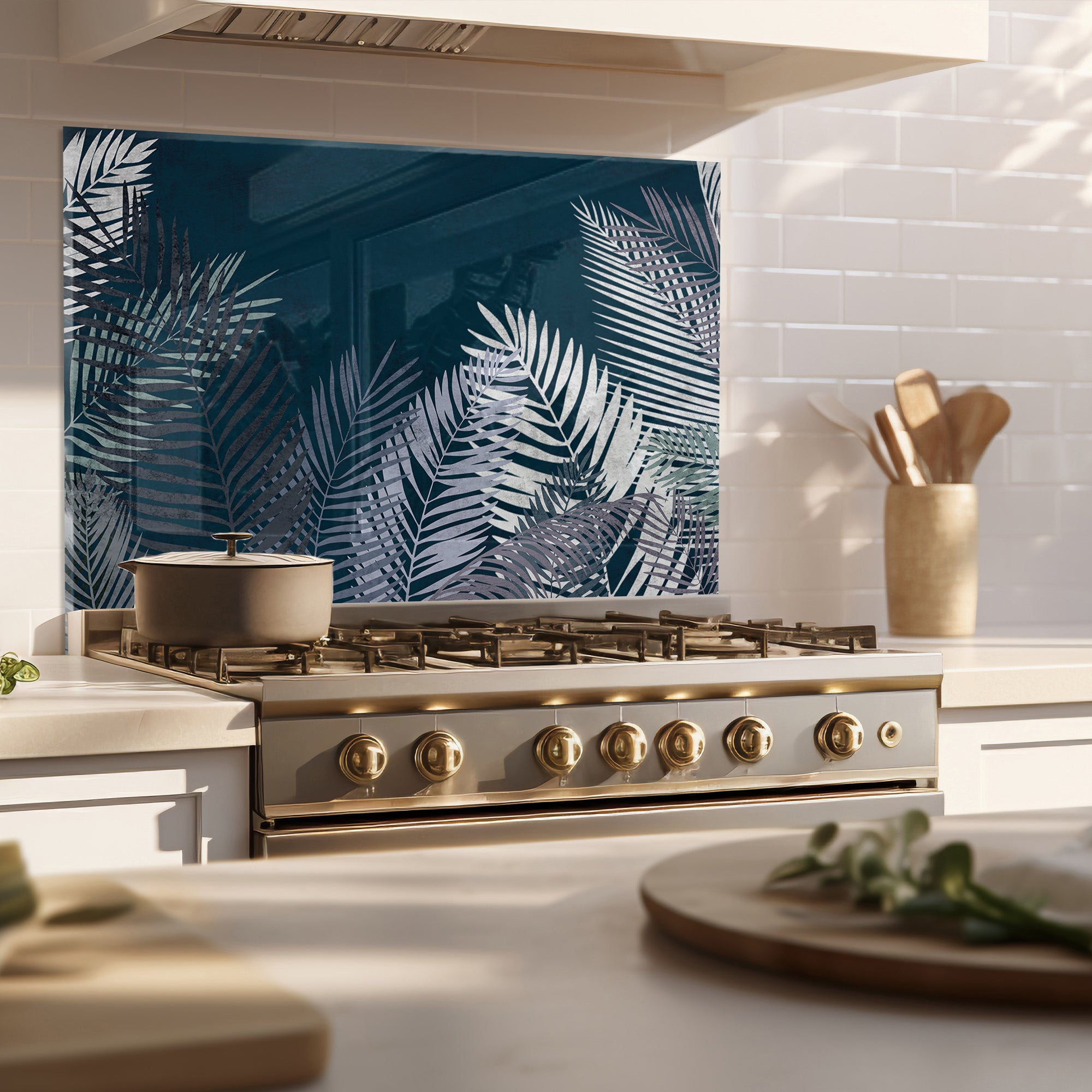 Midnight Palm Leaves Tempered Glass Backsplash – Dark Tropical Kitchen Panel