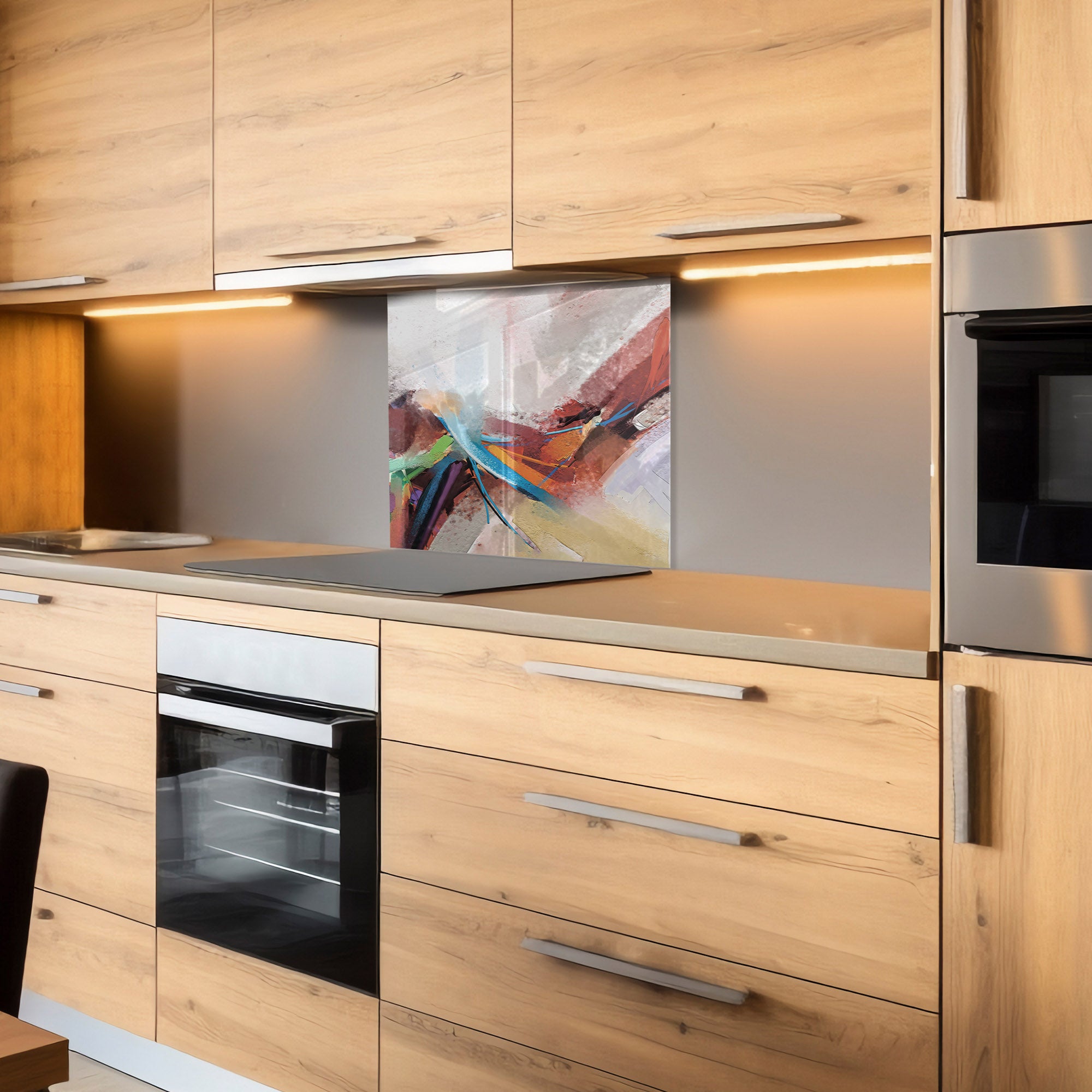 Abstract Color Splash Tempered Glass Backsplash – Modern Kitchen Wall Protector