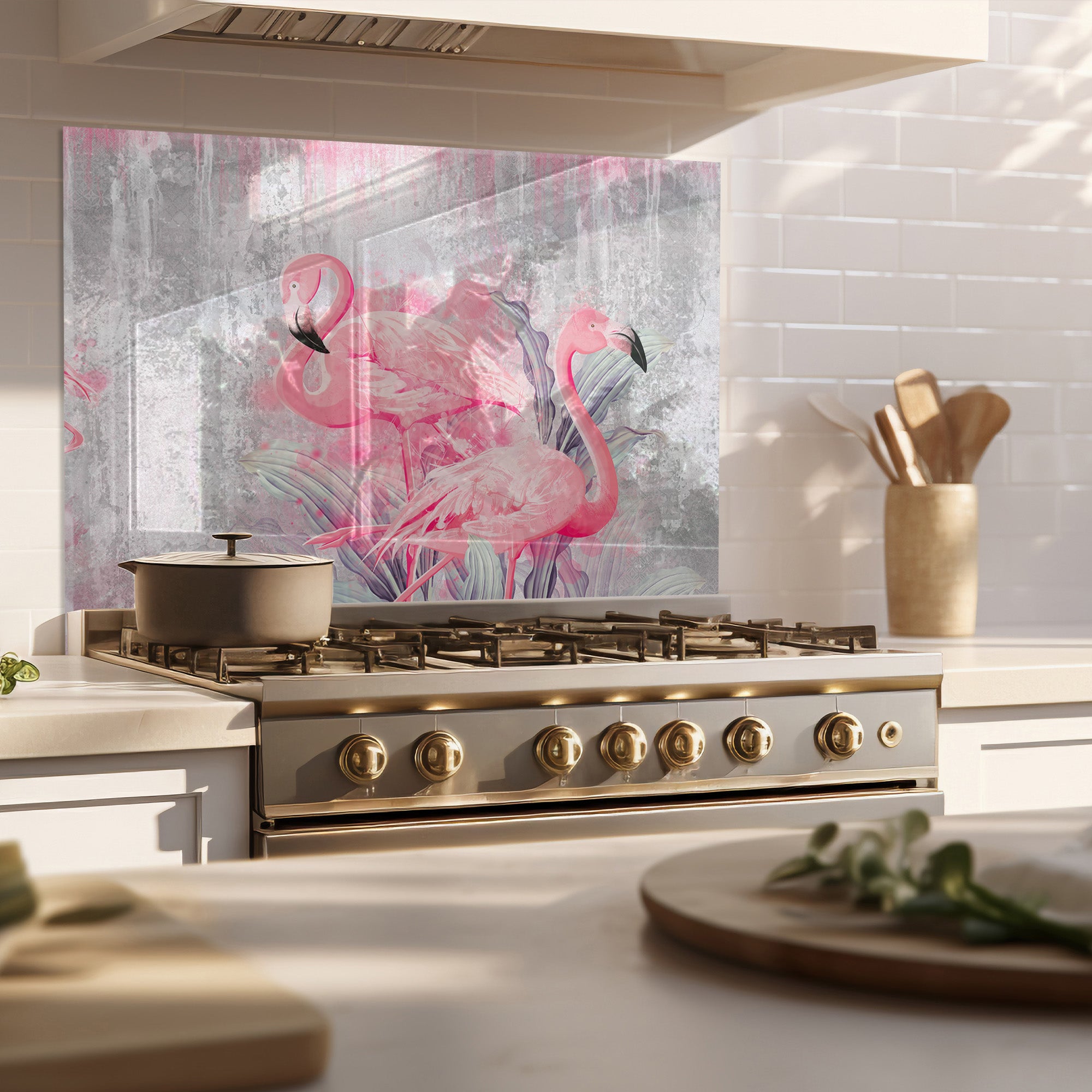 Pink Flamingos Tempered Glass Backsplash – Tropical Kitchen Art Panel